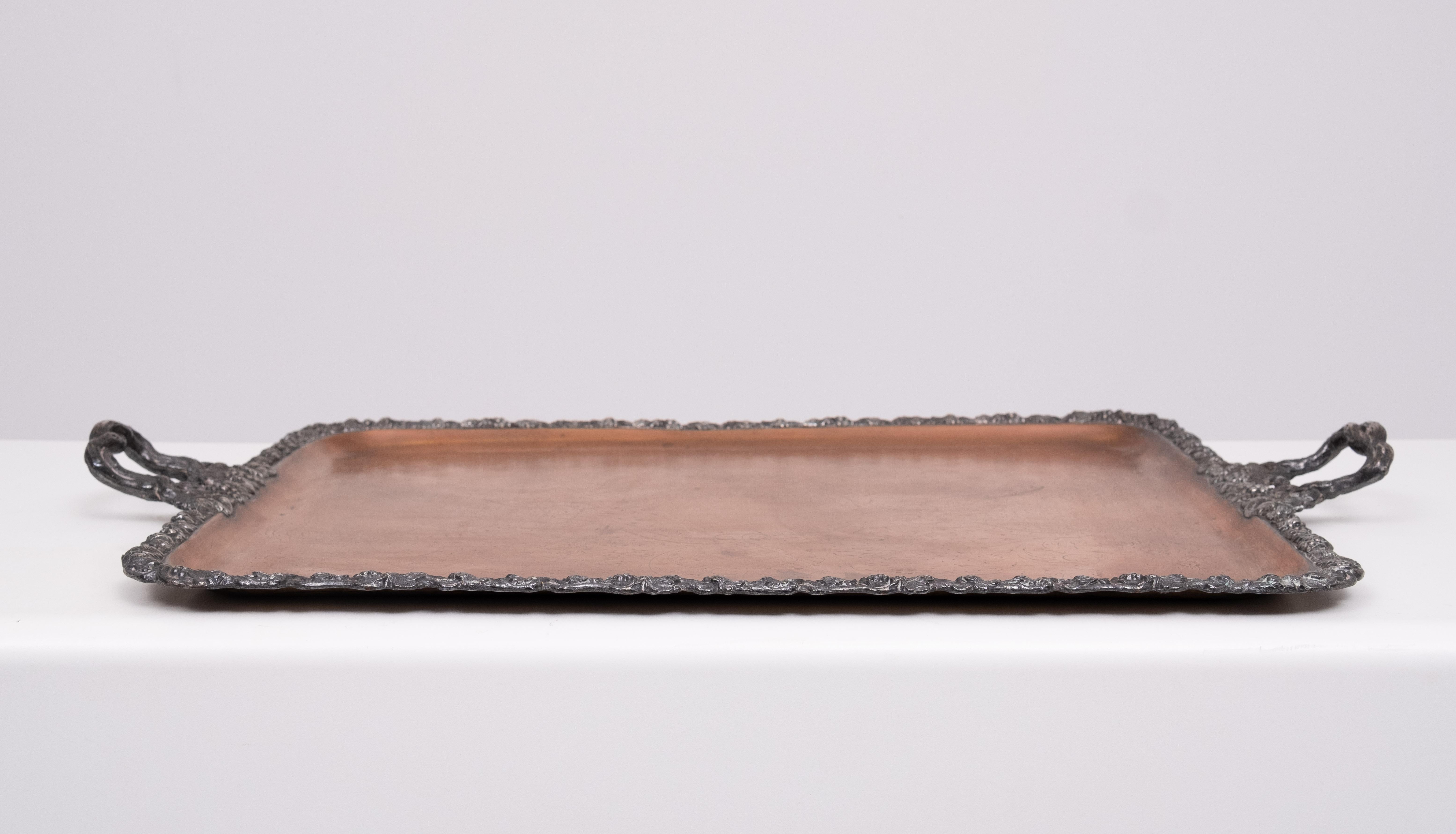 Bandeja de servir grande y antigua chapada en plata sobre cobre  Francia en venta 2