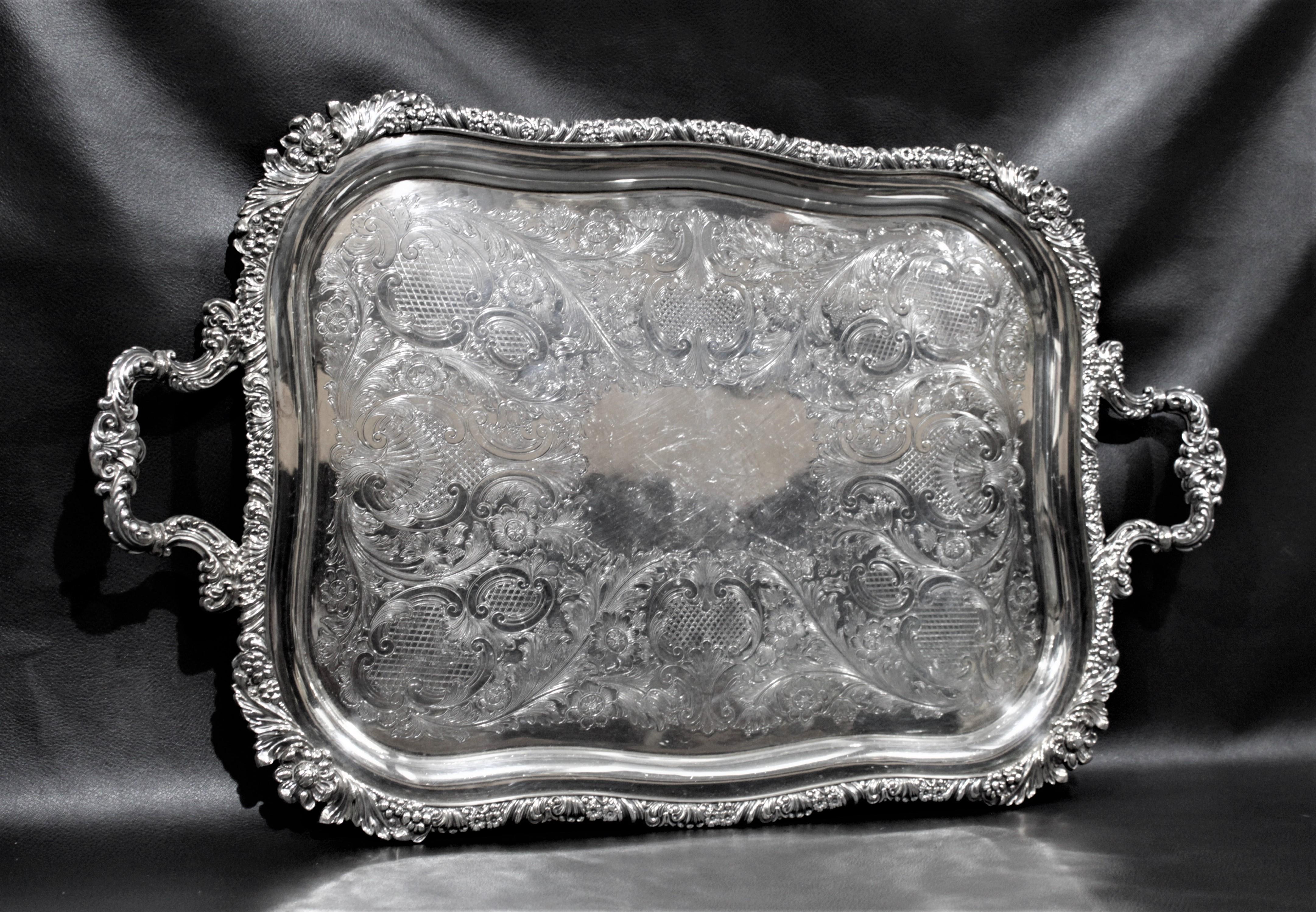 Large Antique Silver Plated Serving Tray with Floral Decoration at 1stDibs