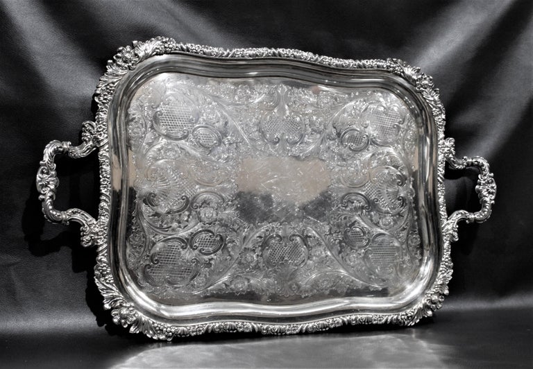 Large Antique Silver Plated Serving Tray with Floral Decoration at