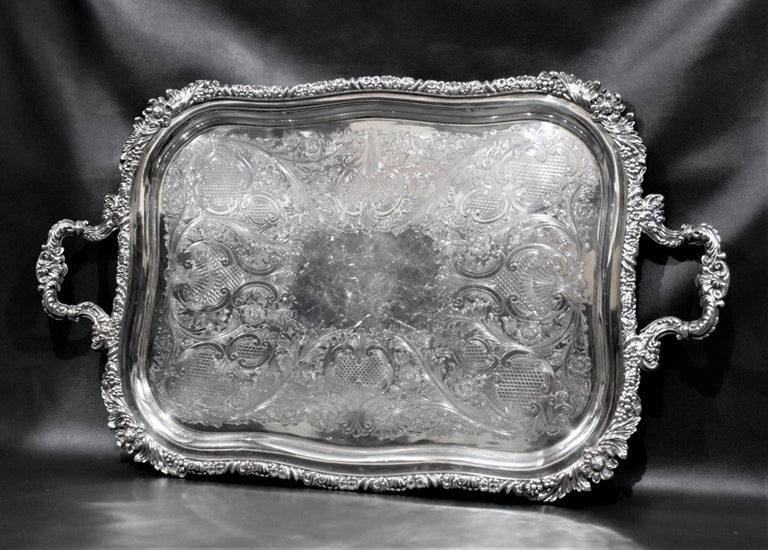 Large Antique Silver Plated Serving Tray with Floral Decoration at