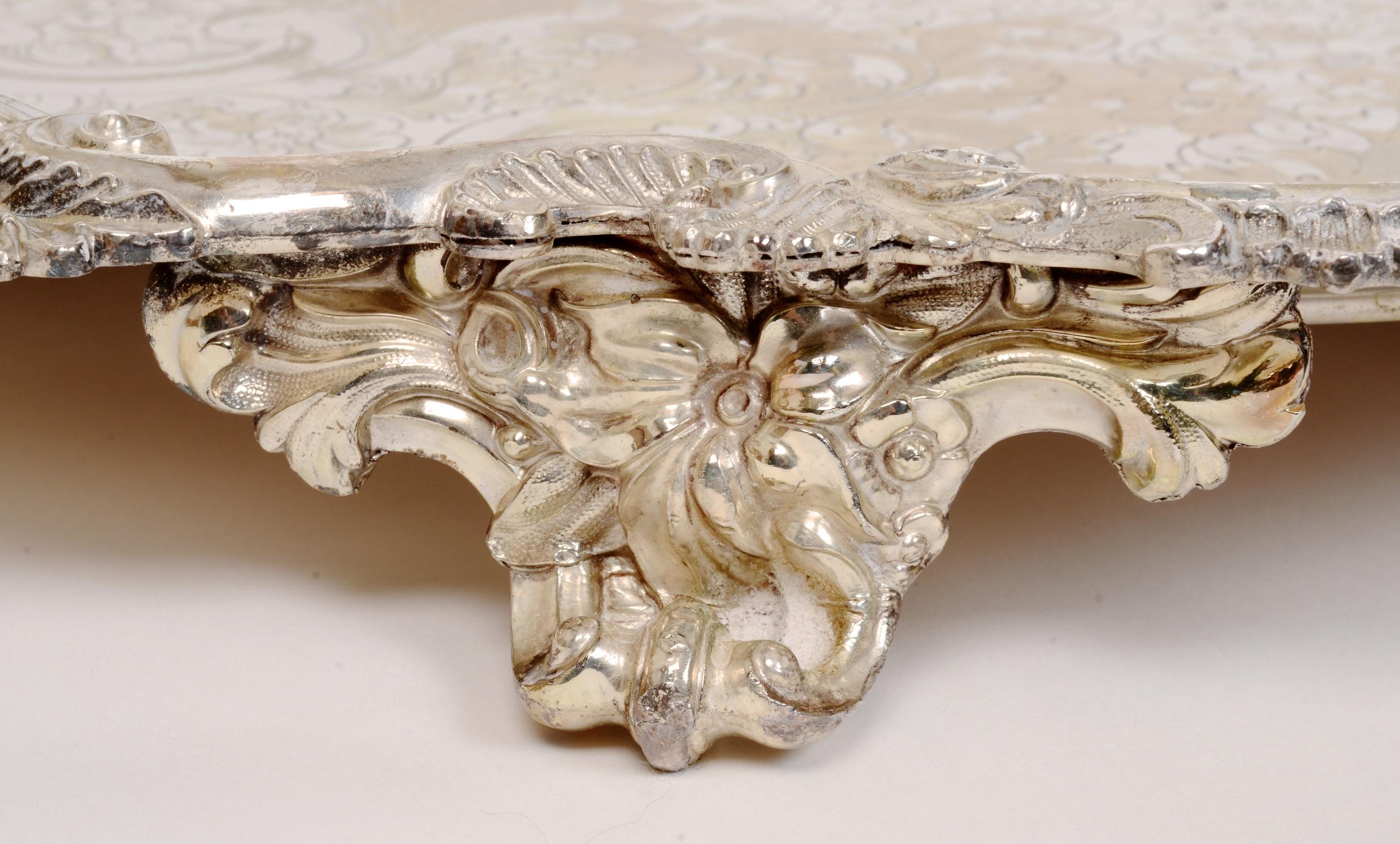 20th Century Large Antique Silver Plated Serving Tray with Incised Floral Decoration For Sale