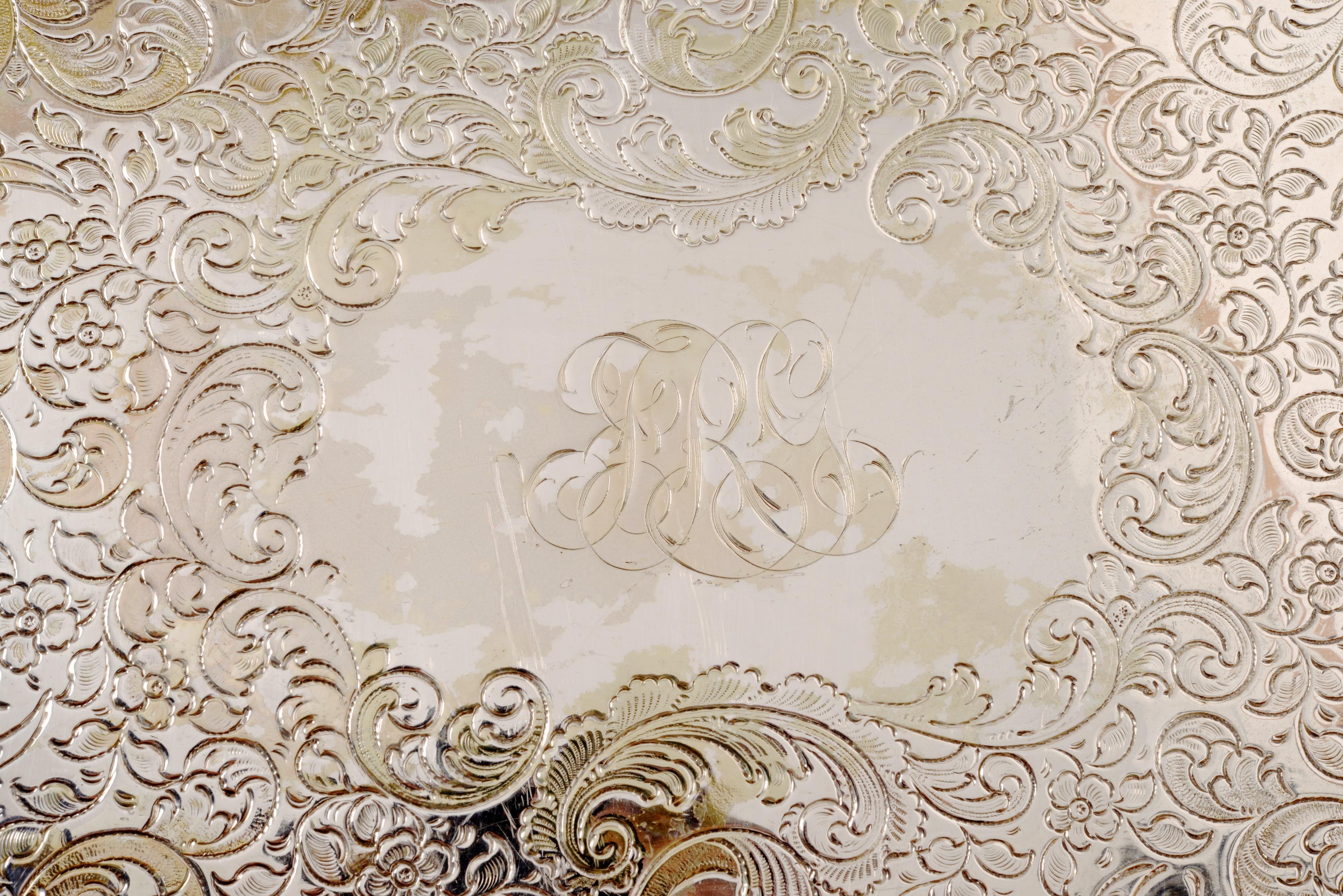 Large Antique Silver Plated Serving Tray with Incised Floral Decoration For Sale 3