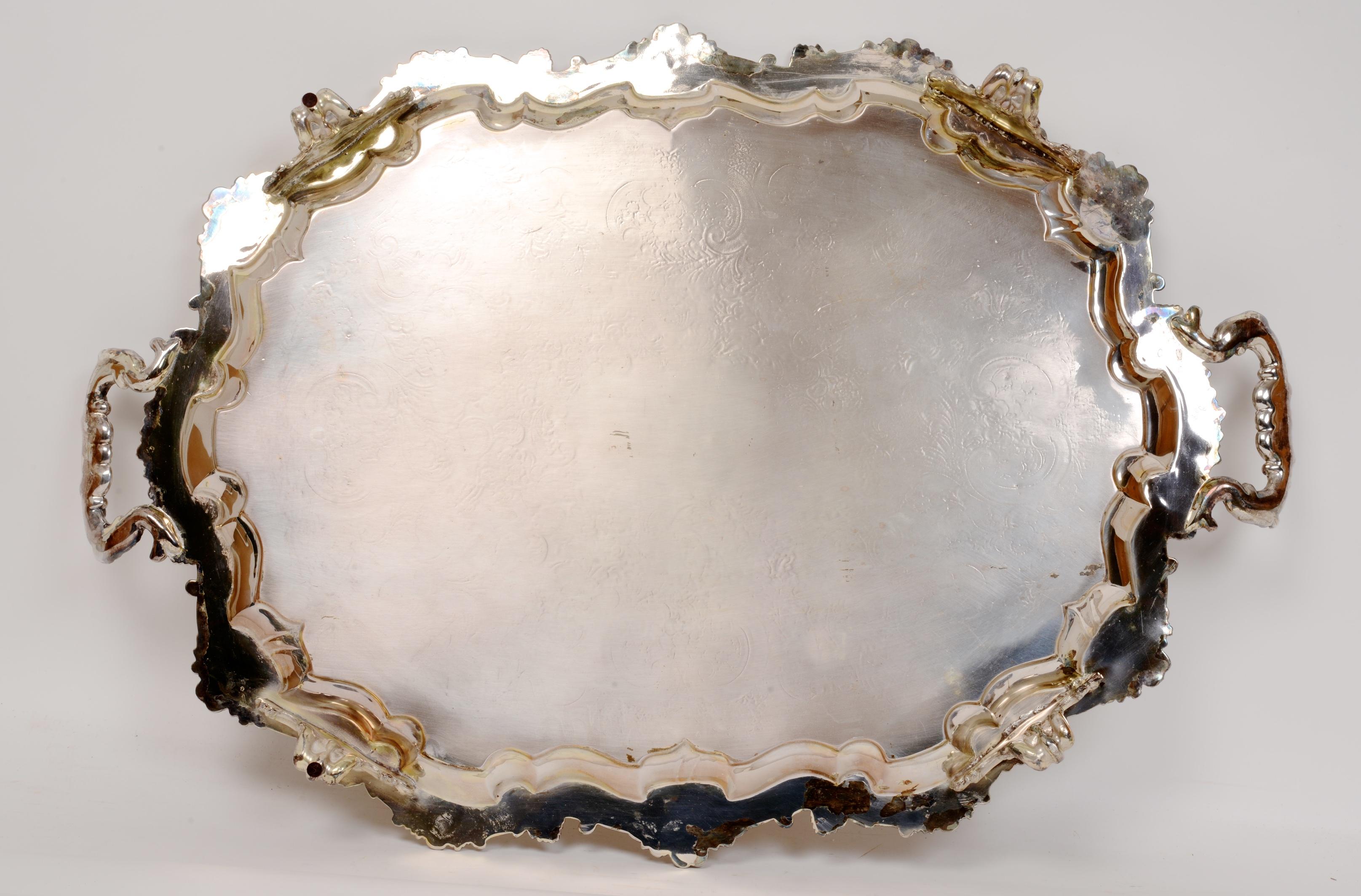 Large Antique Silver Plated Serving Tray with Incised Floral Decoration For Sale 4
