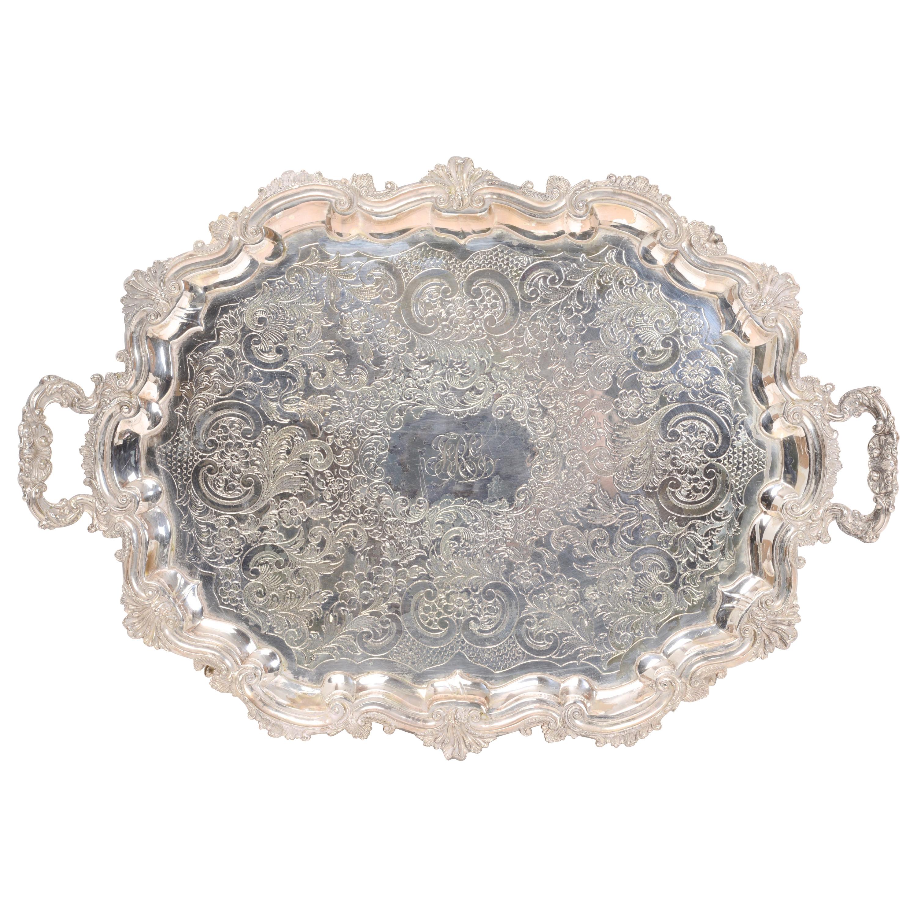 Large Antique Silver Plated Serving Tray with Incised Floral Decoration For Sale