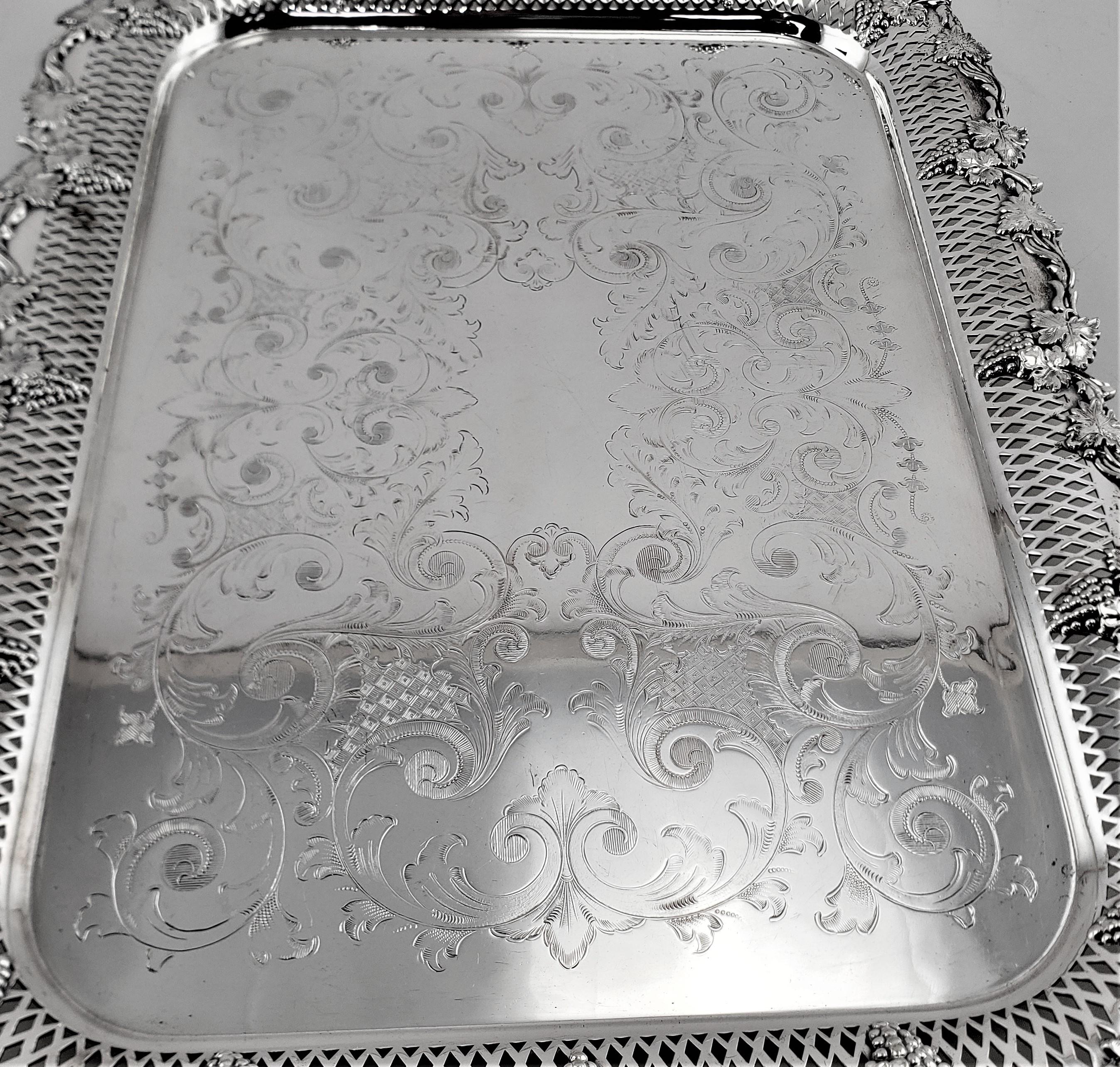 Large Antique Silver Plated Serving Tray with Pierced, Grape & Vine Decoration For Sale 2