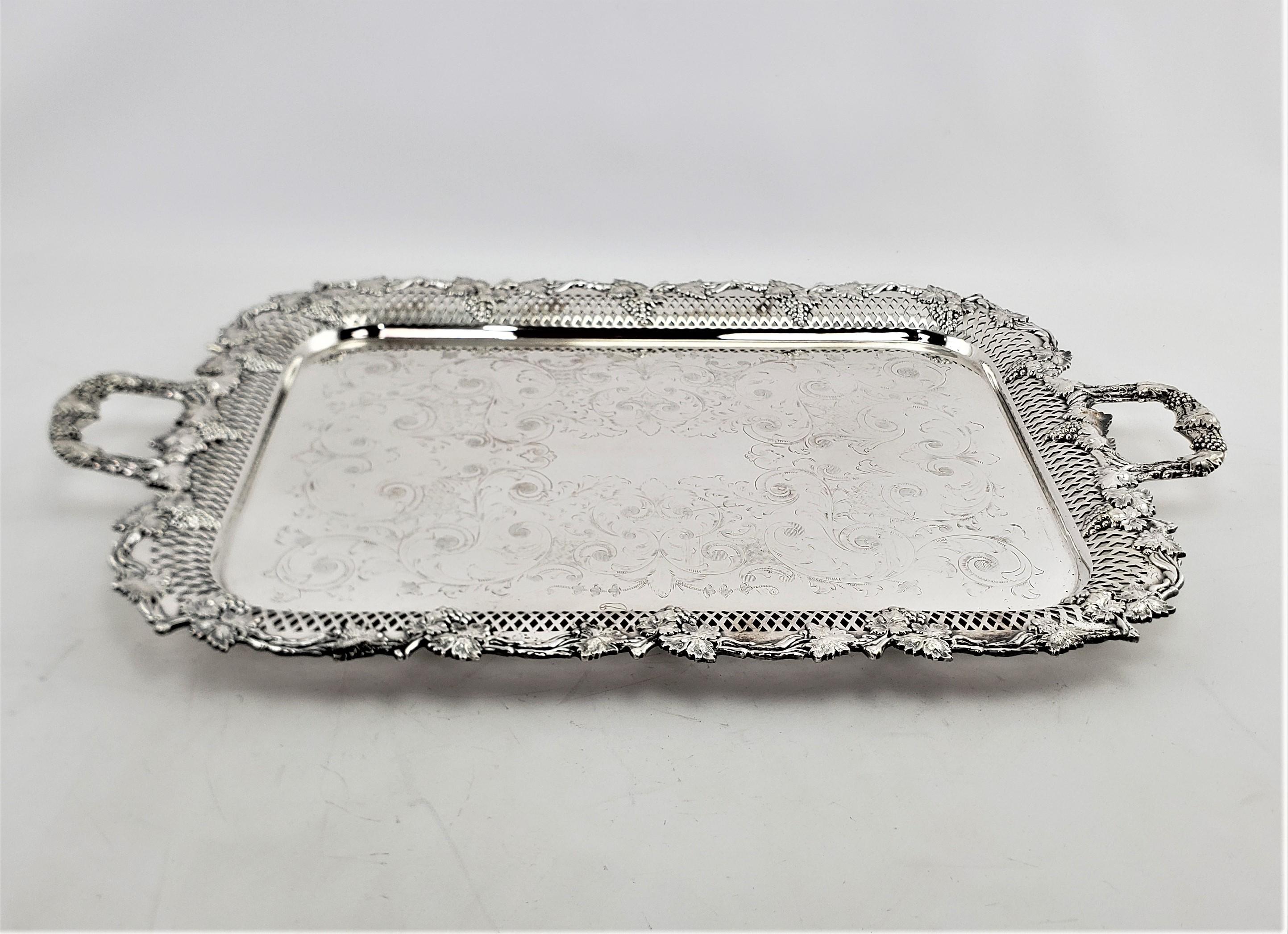 Edwardian Large Antique Silver Plated Serving Tray with Pierced, Grape & Vine Decoration For Sale