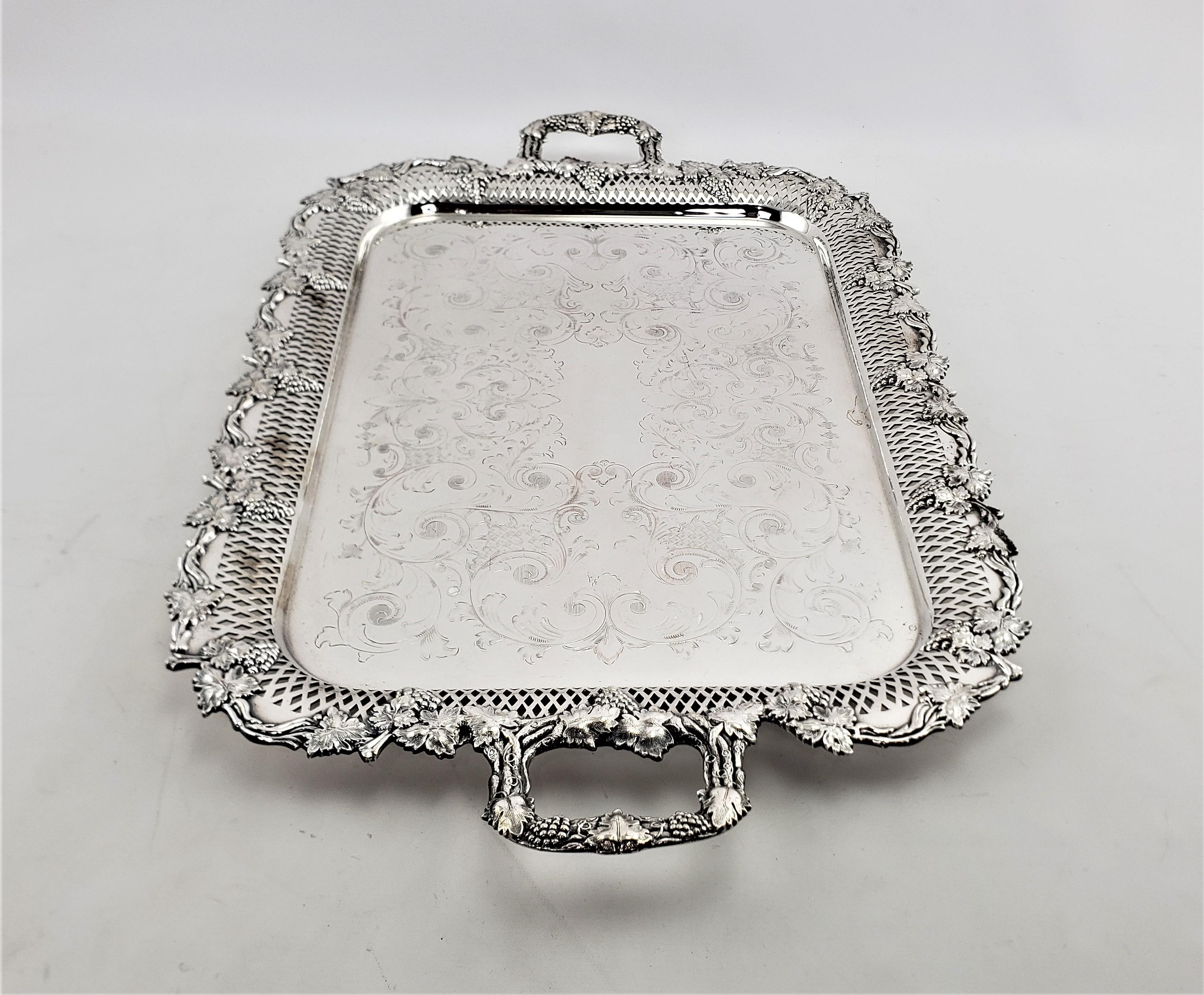 English Large Antique Silver Plated Serving Tray with Pierced, Grape & Vine Decoration For Sale