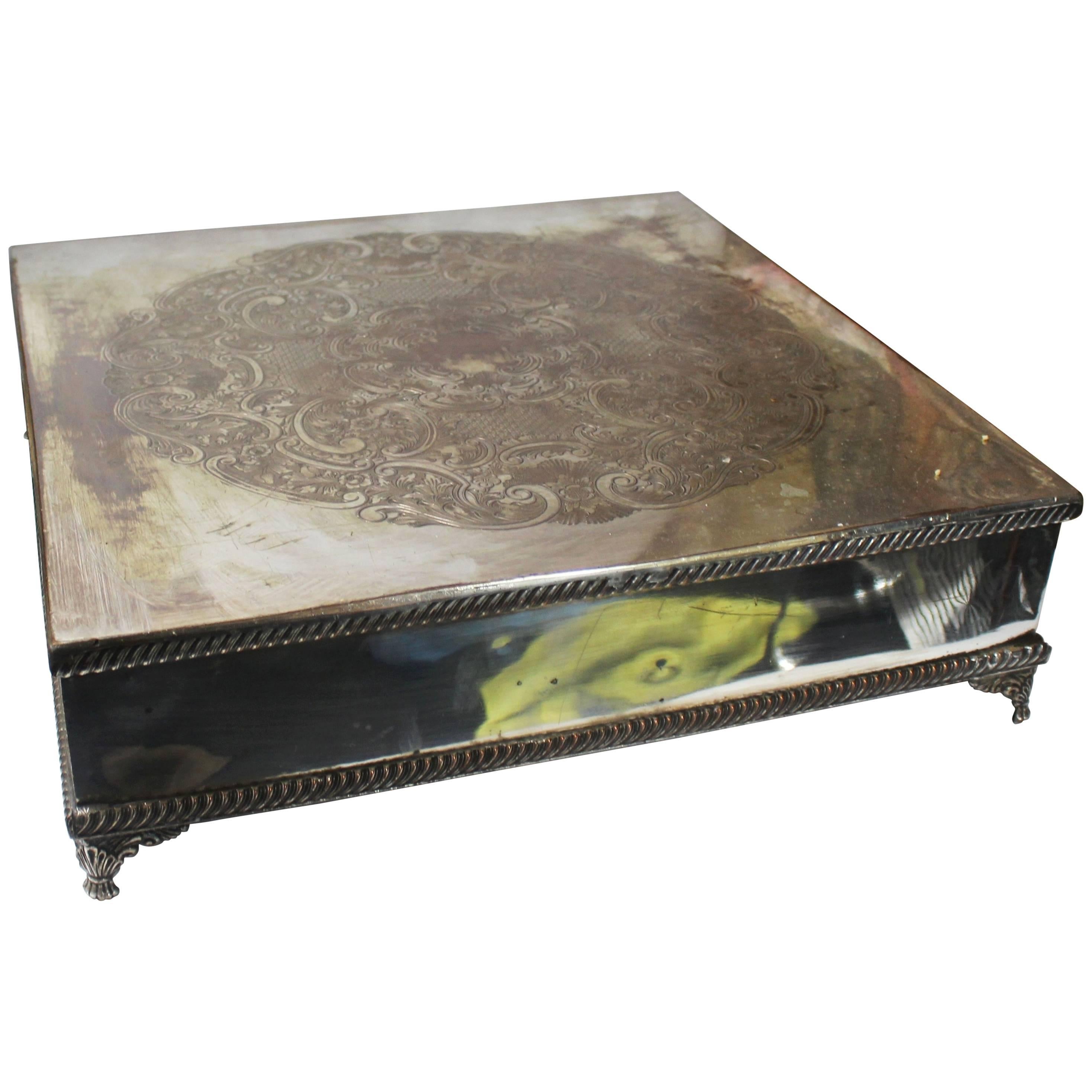 Large Antique Silver Plated Square Cake Stand For Sale