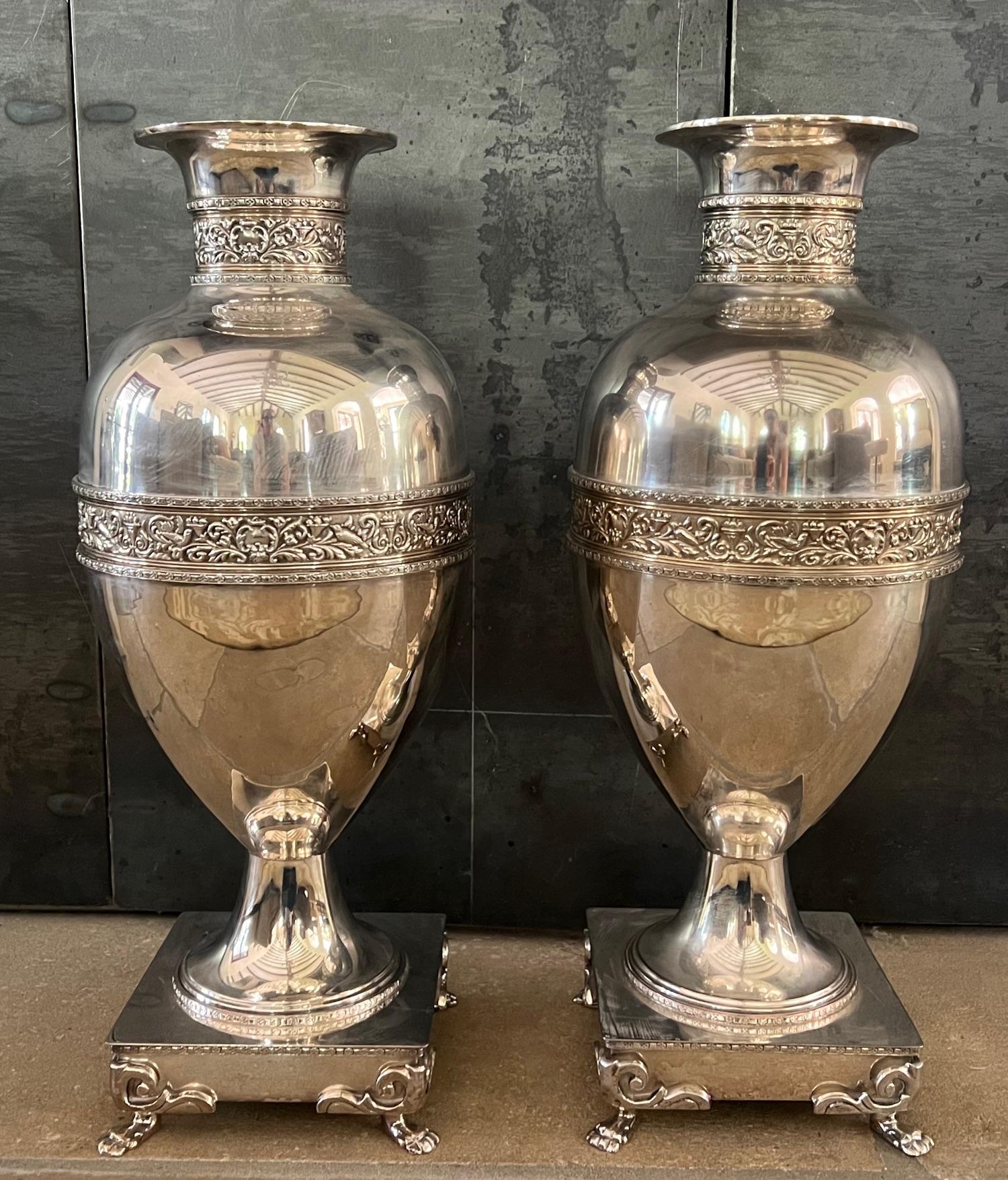 British Large Antique Silverplated Urns, Set of 2 For Sale