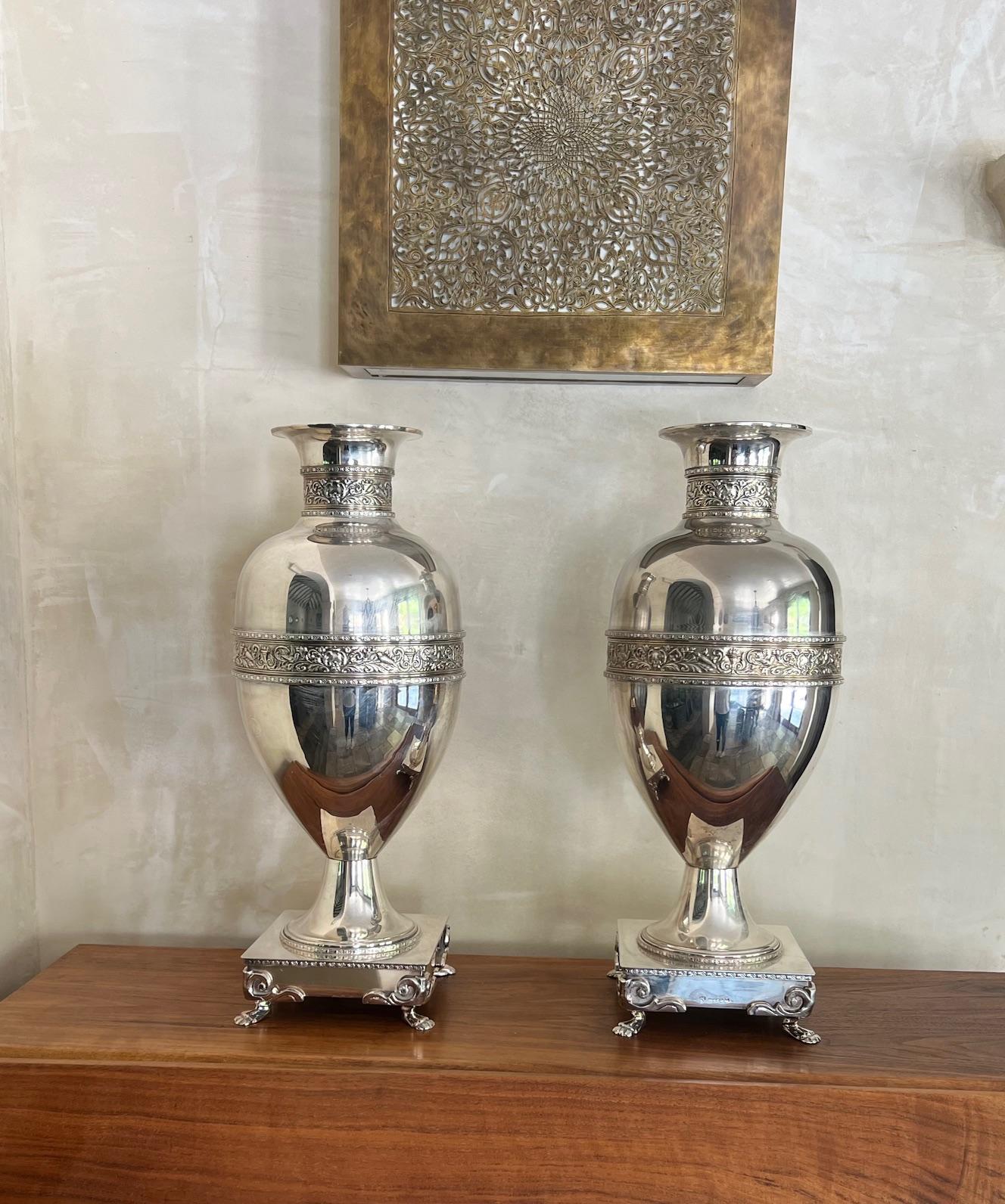Cast Large Antique Silverplated Urns, Set of 2