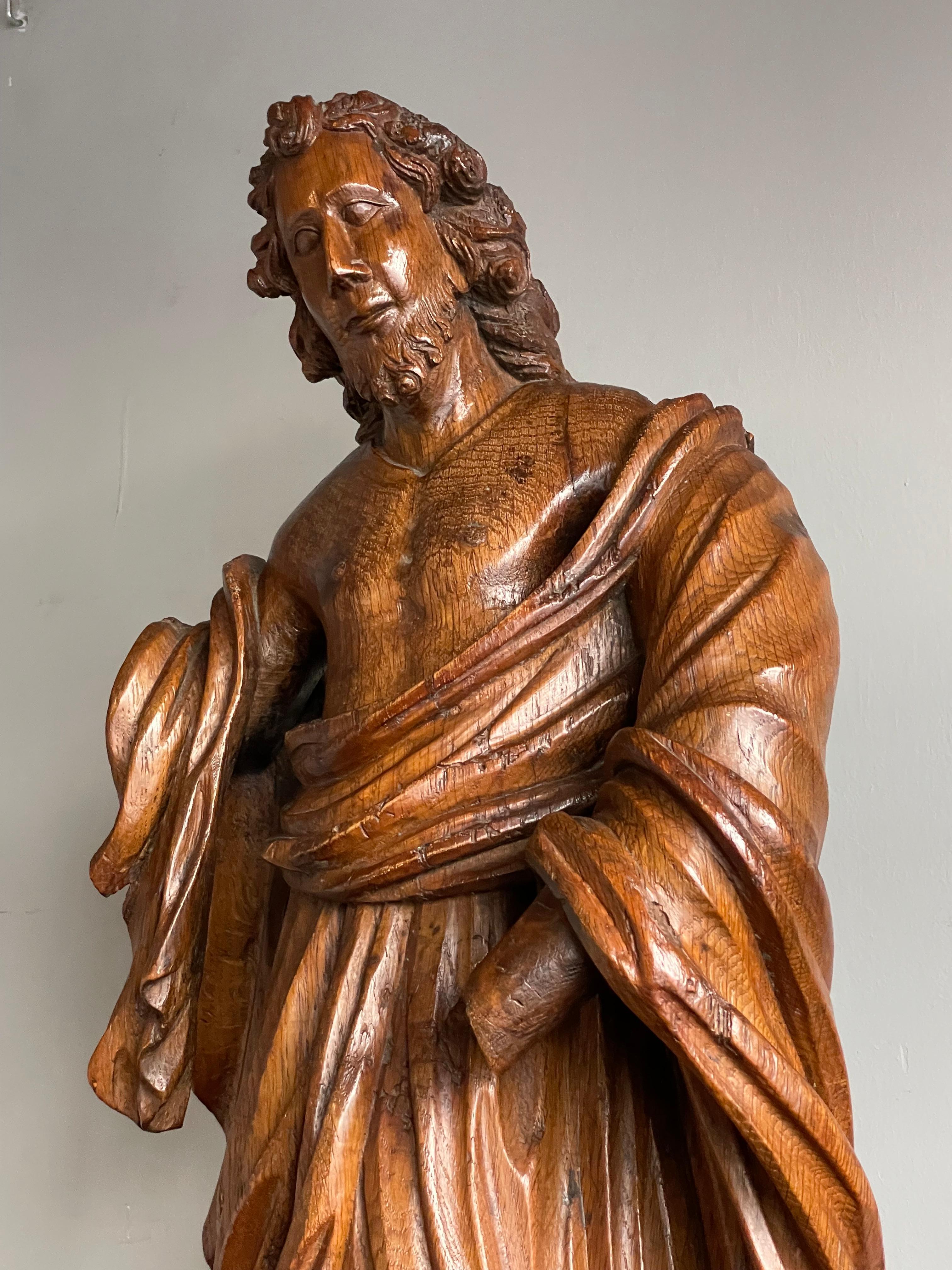 Wood Large Antique Soild Oak Sculpture of Saint John the Baptist w. Lamb of God 1850 For Sale