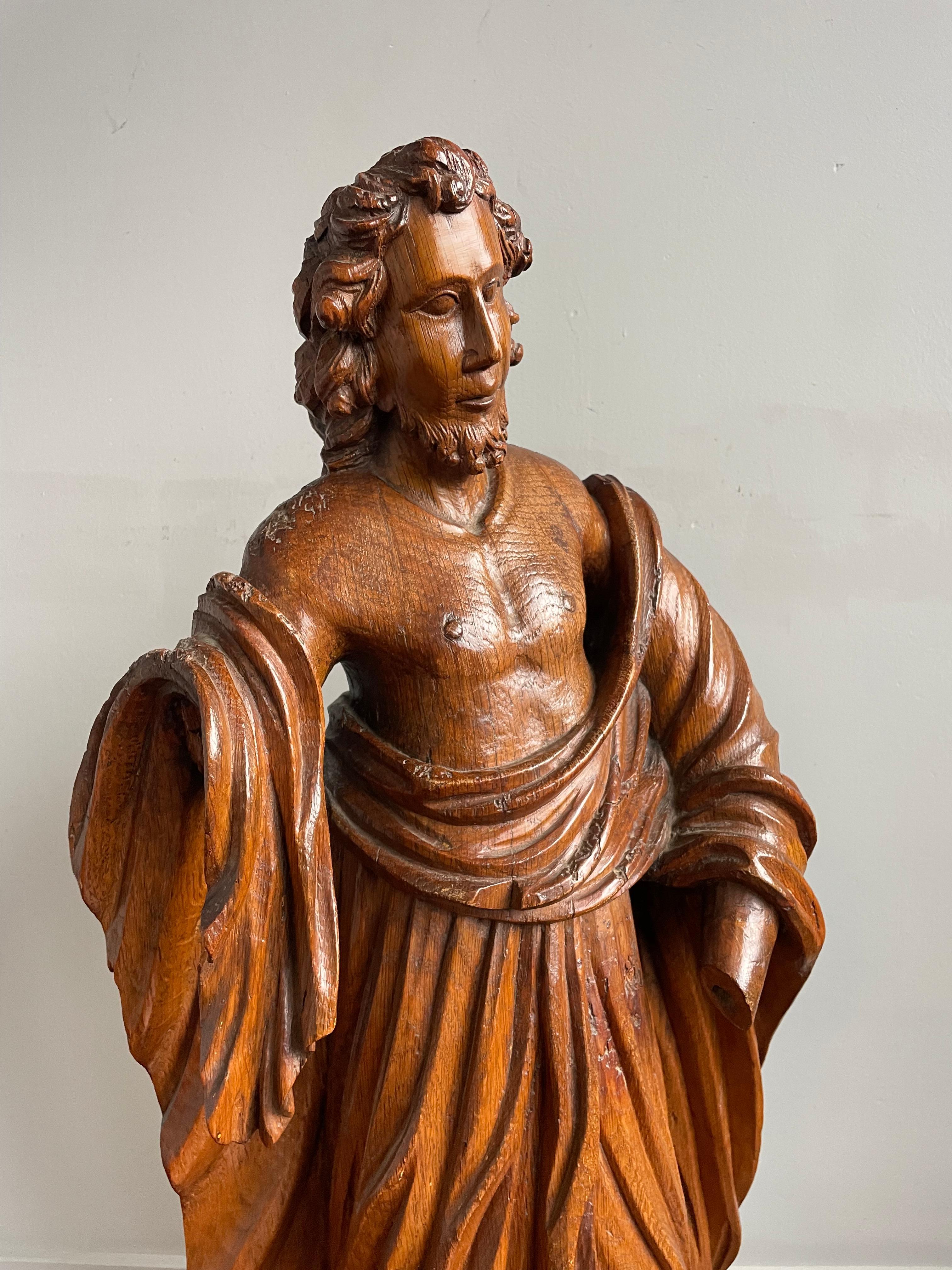 Large Antique Soild Oak Sculpture of Saint John the Baptist w. Lamb of God 1850 For Sale 1