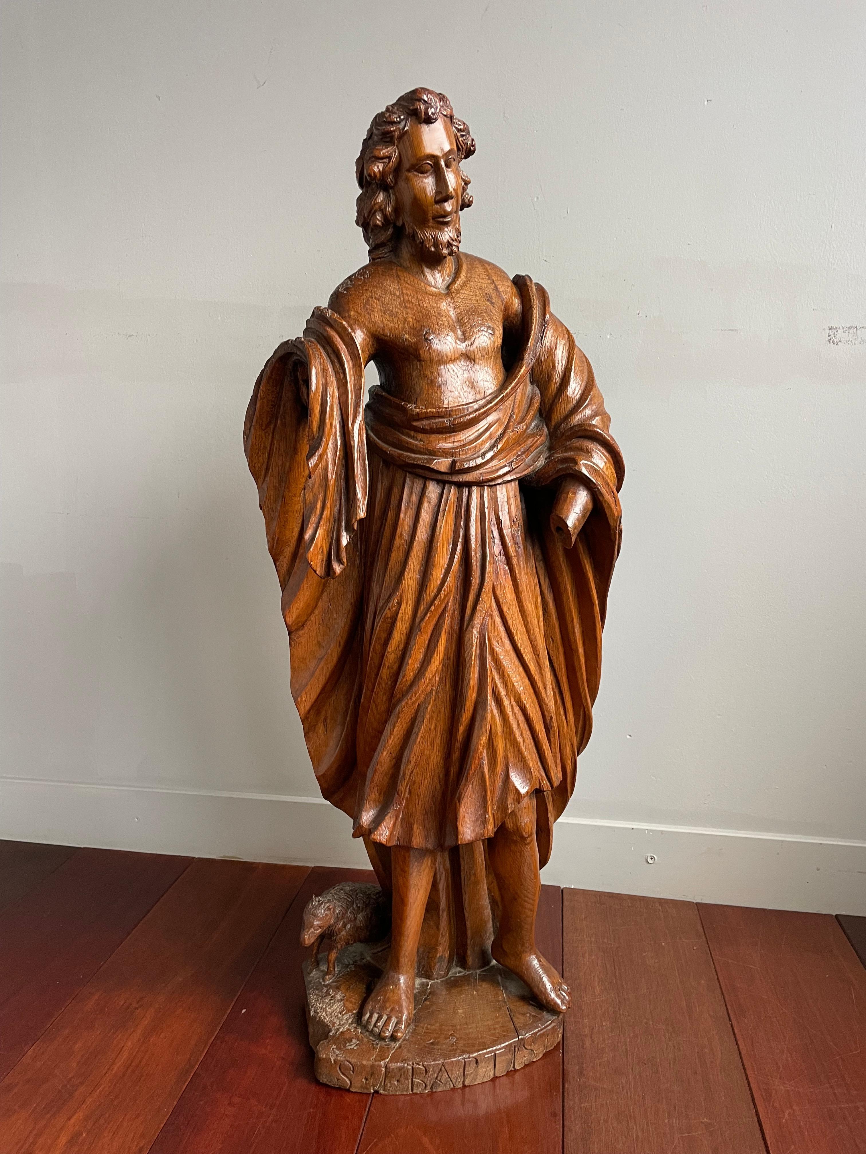 Baroque Revival Large Antique Soild Oak Sculpture of Saint John the Baptist w. Lamb of God 1850