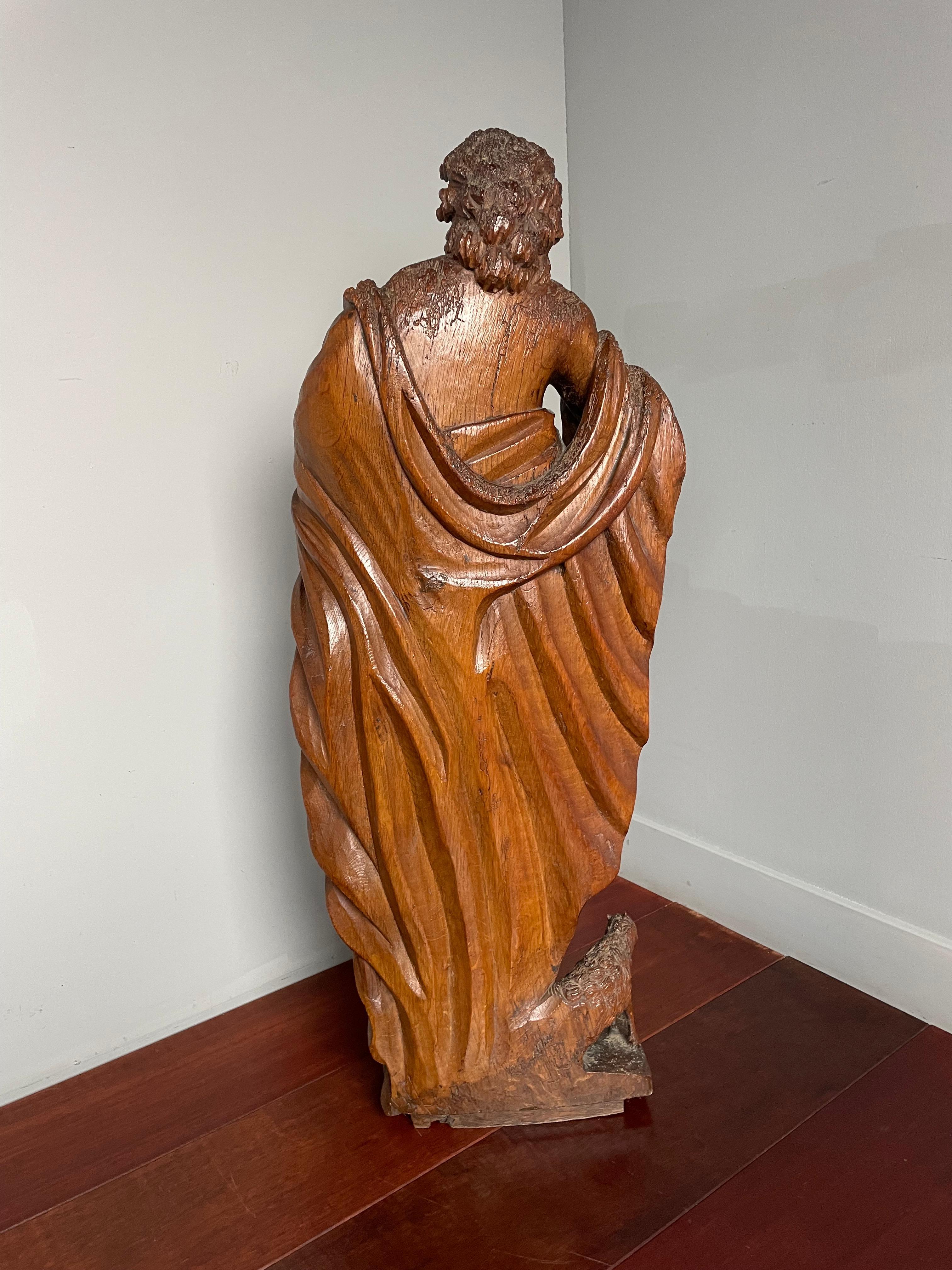 French Large Antique Soild Oak Sculpture of Saint John the Baptist w. Lamb of God 1850 For Sale