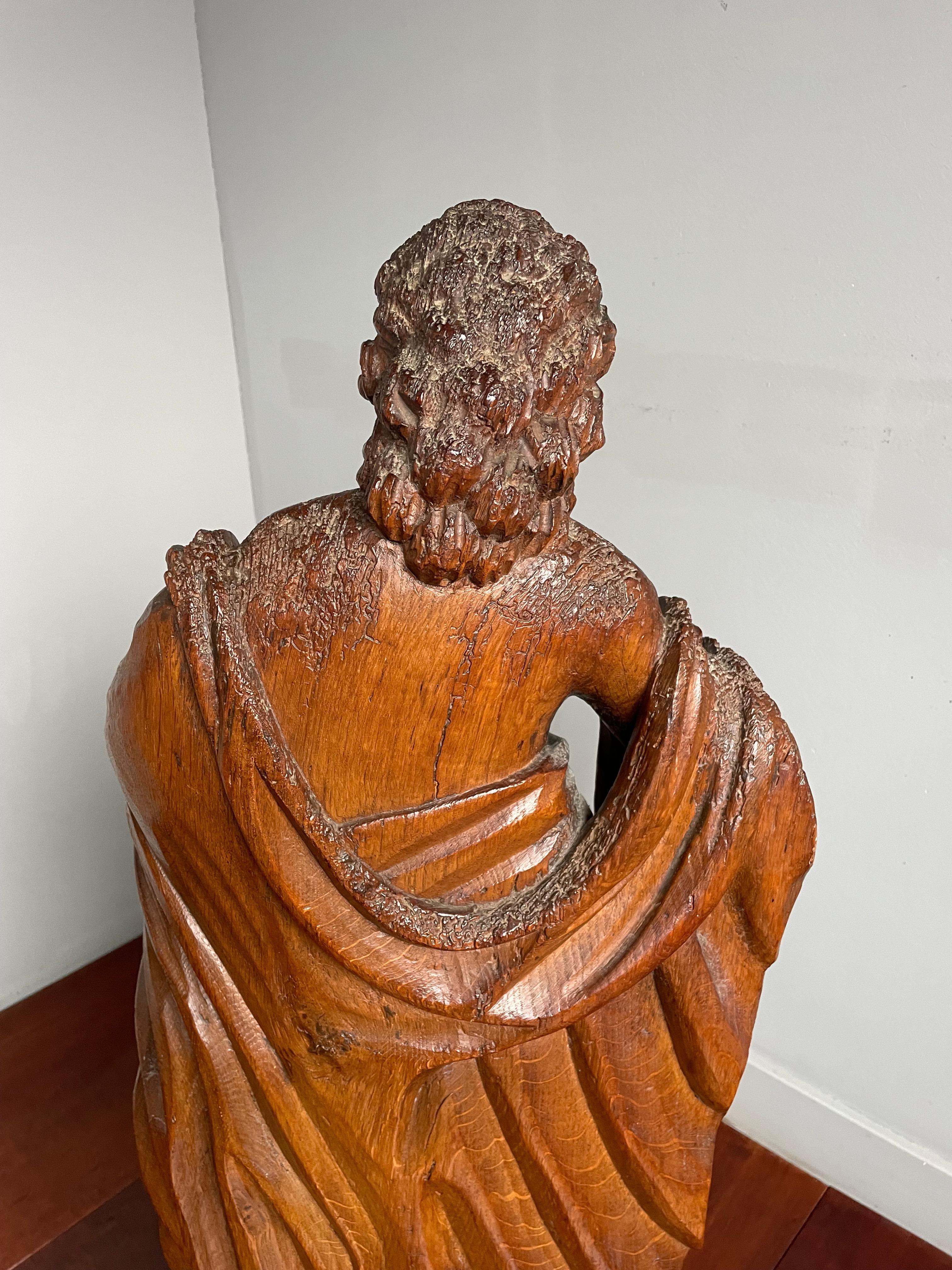 Patinated Large Antique Soild Oak Sculpture of Saint John the Baptist w. Lamb of God 1850 For Sale