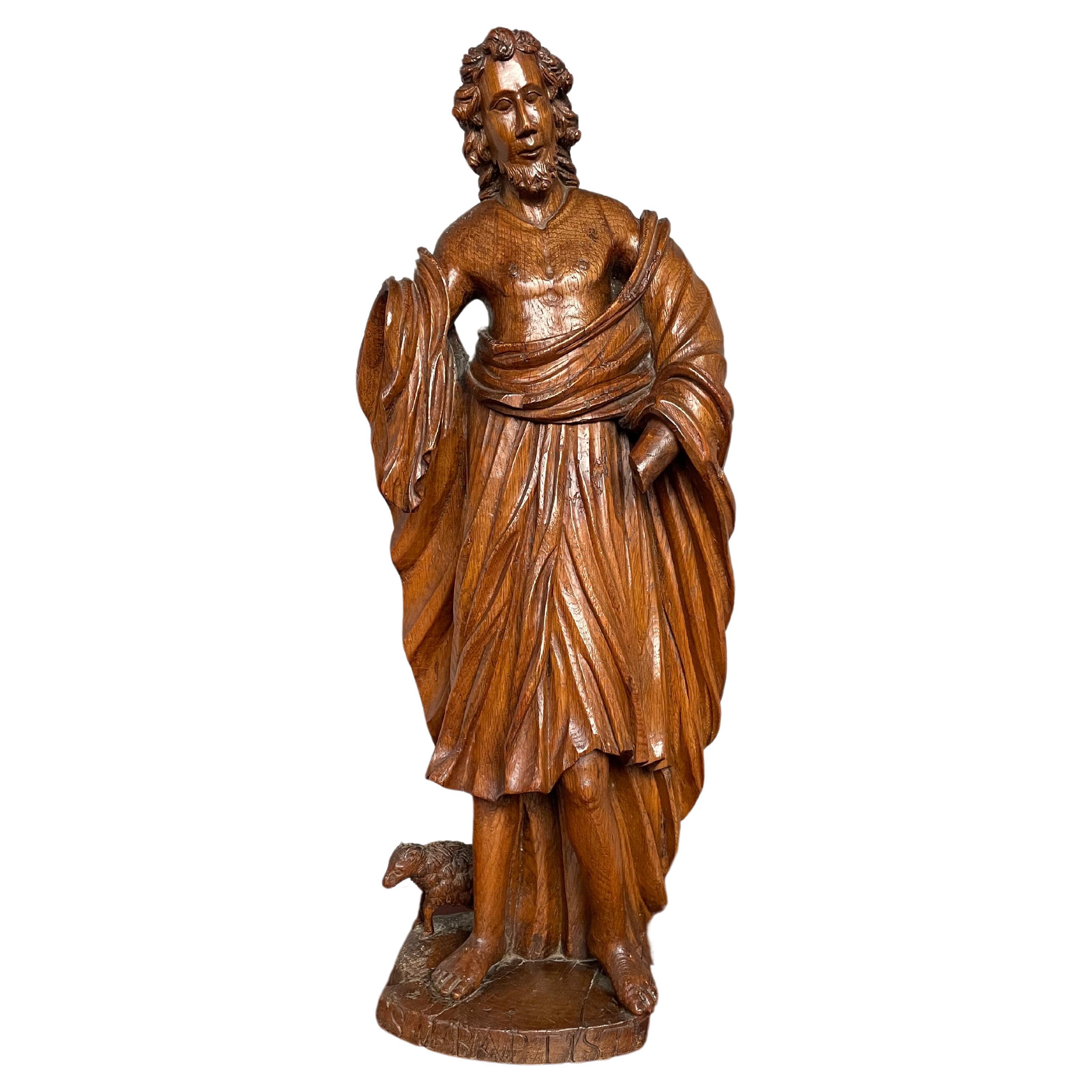 Große antike Skulptur aus Eichenholz von Saint John the Baptist w. Lamm des Gottes, 1850