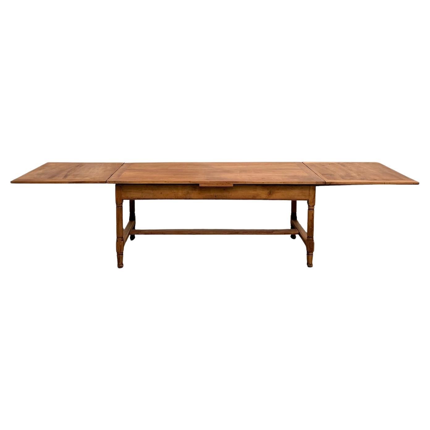 Large Antique Solid Cherry Farmhouse Table with Draw-Leaf Extensions, 1900s For Sale