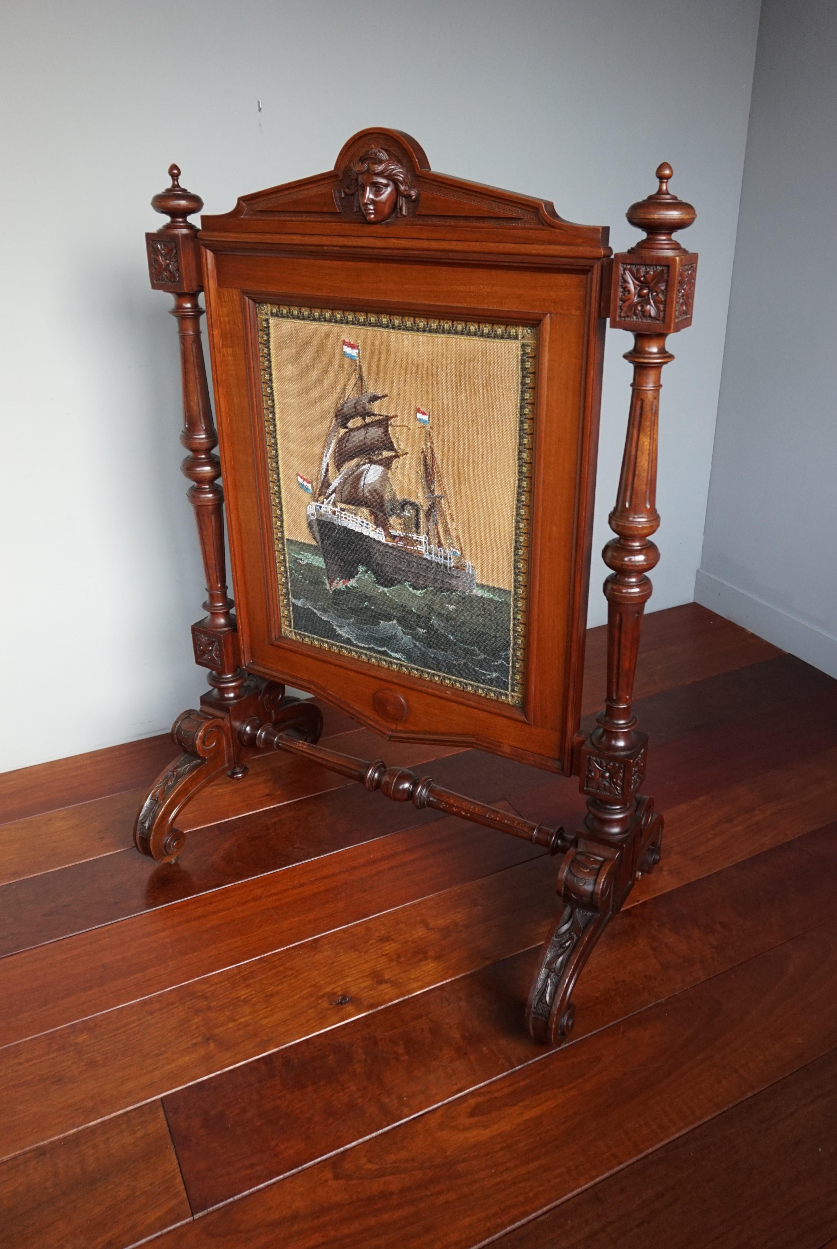 Large Antique Solid Nutwood Firescreen with Beeds Painting of Ocean Going Vessel 2