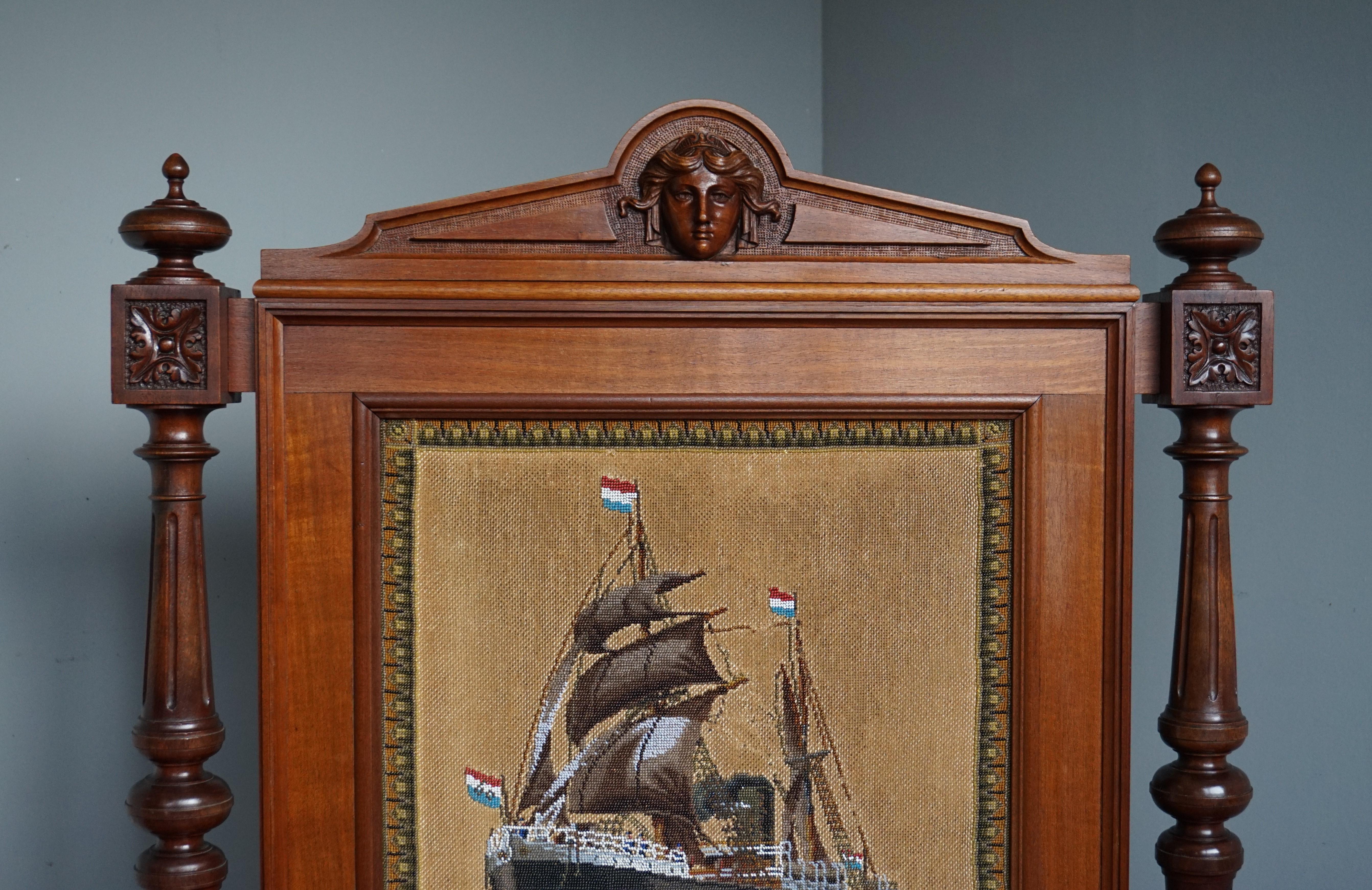 Napoleon III Large Antique Solid Nutwood Firescreen with Beeds Painting of Ocean Going Vessel