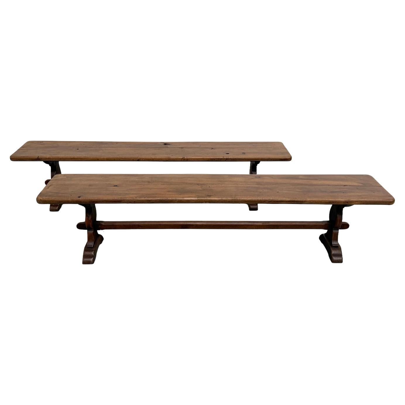 Large Antique Solid Oak Farmhouse Benches, Trestle Base and Monastic Style