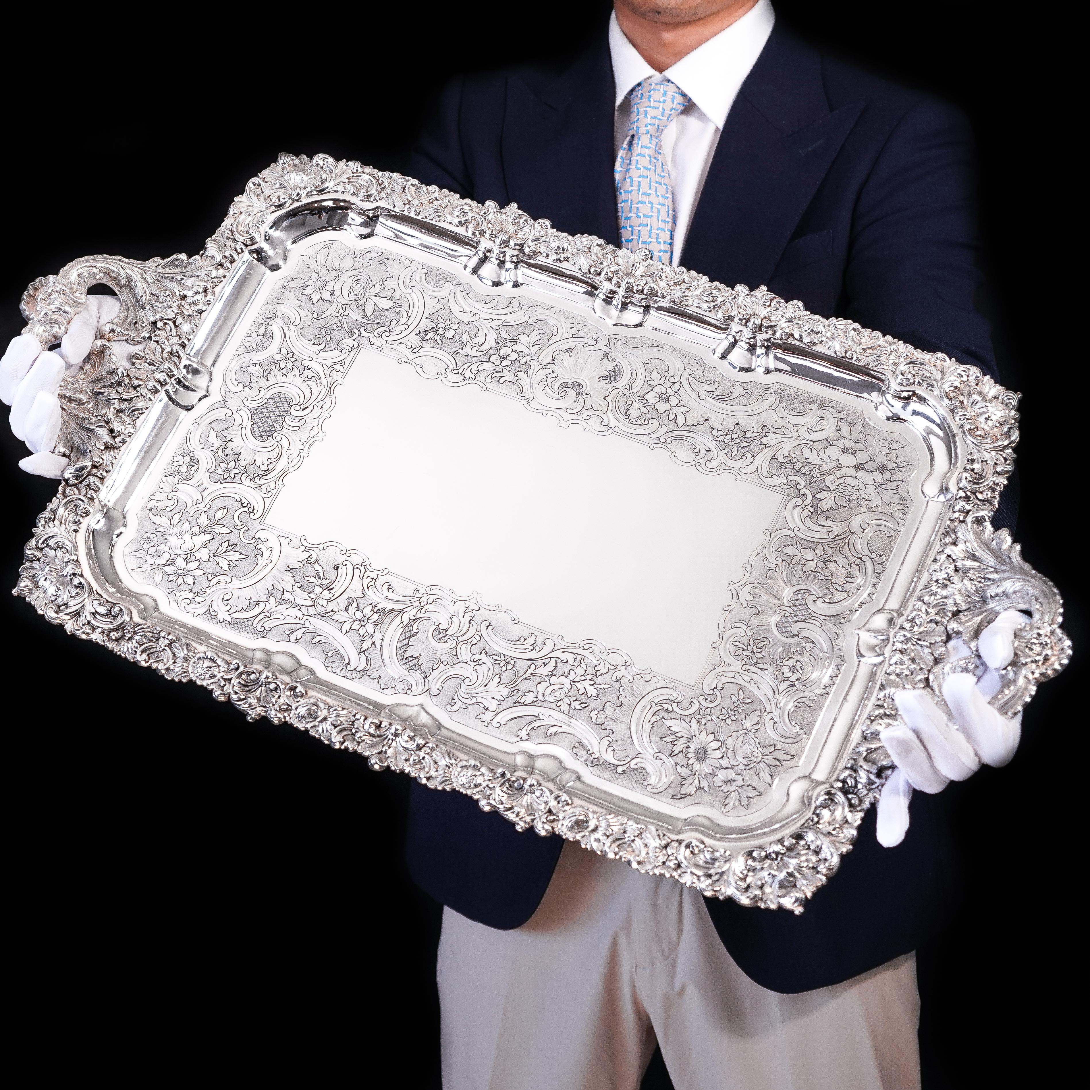 English Large Antique Solid Silver Georgian Tray / Salver William Marshall, 1828