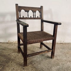 Large Antique Solid Wood and Rope Woven Seat Armchair, Rare Spanish Wooden Casti