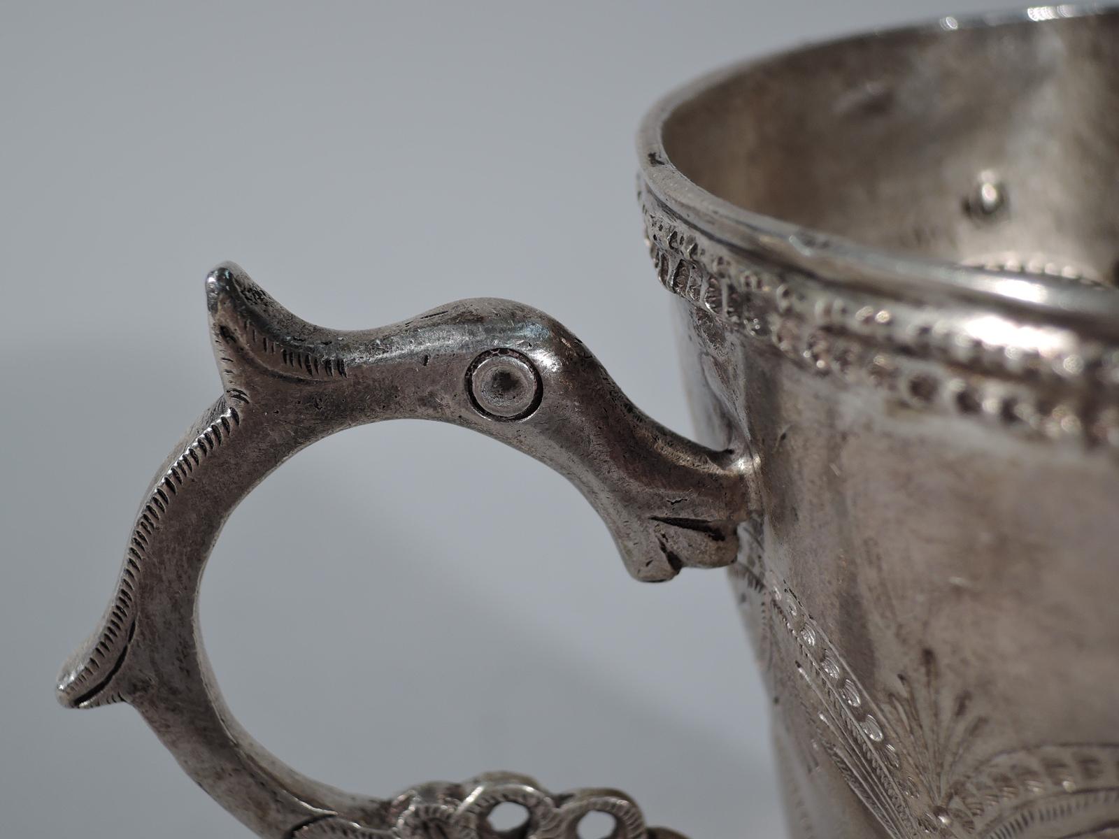 Spanish Colonial Large Antique South American Silver Faceted Mug with Animal Handle