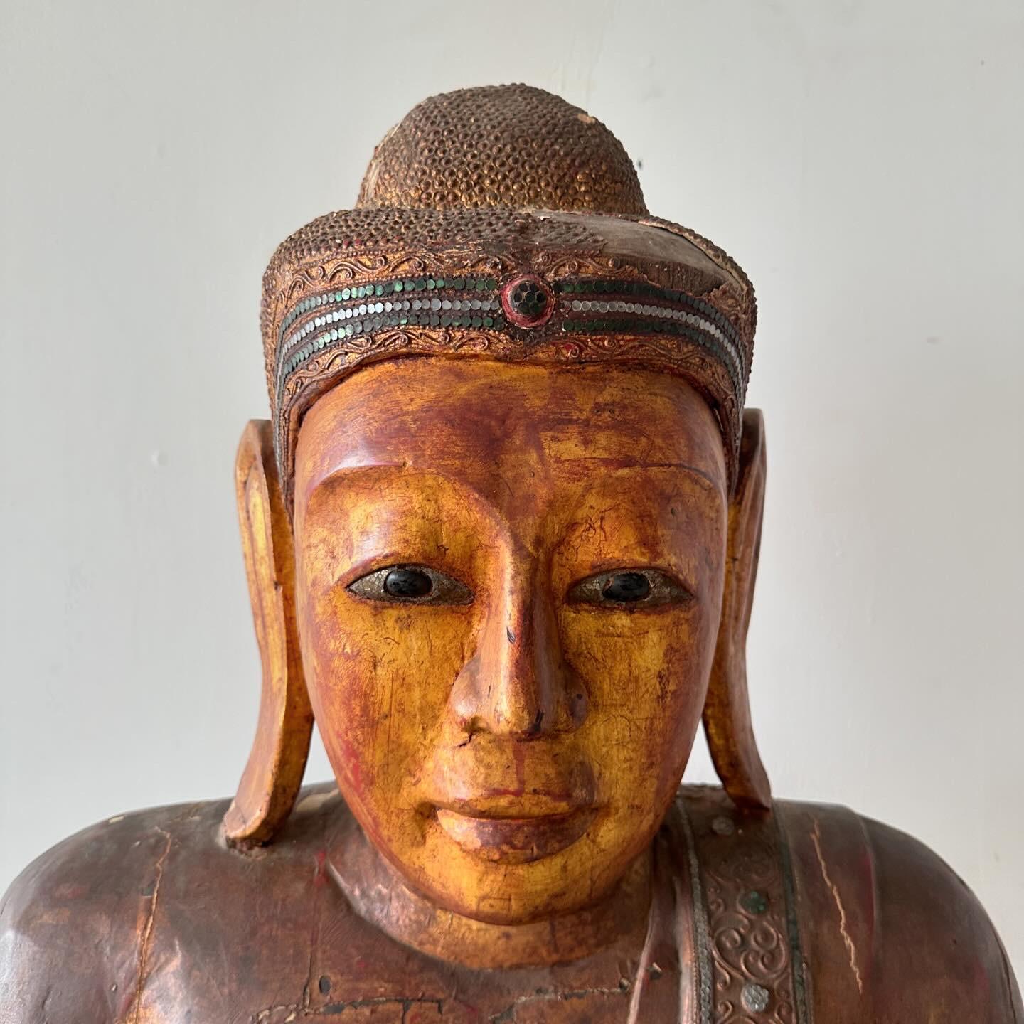 Large Antique Southeast Asian Painted Wood Buddha Statue  In Fair Condition For Sale In Los Angeles, CA