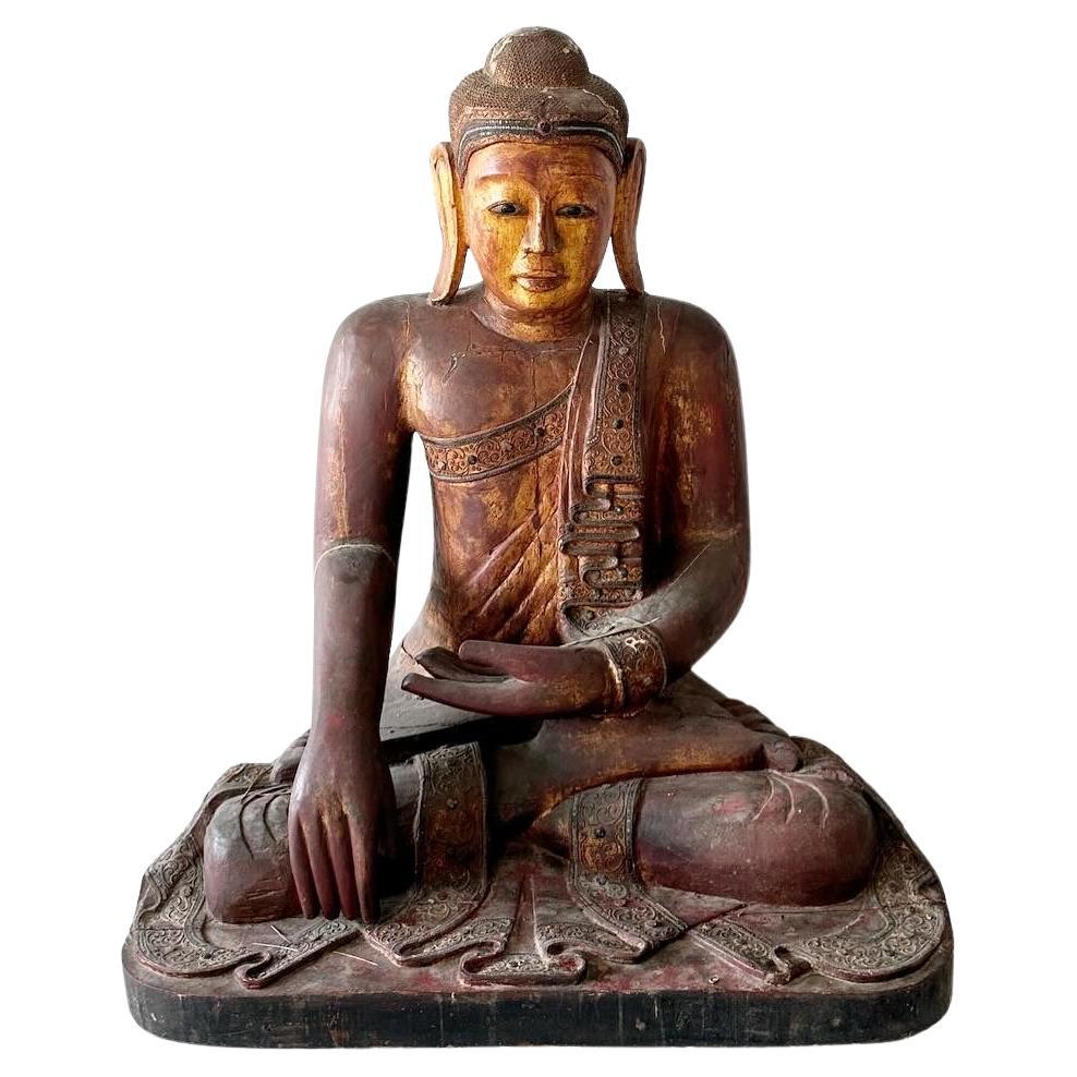 Large Antique Southeast Asian Painted Wood Buddha Statue  For Sale