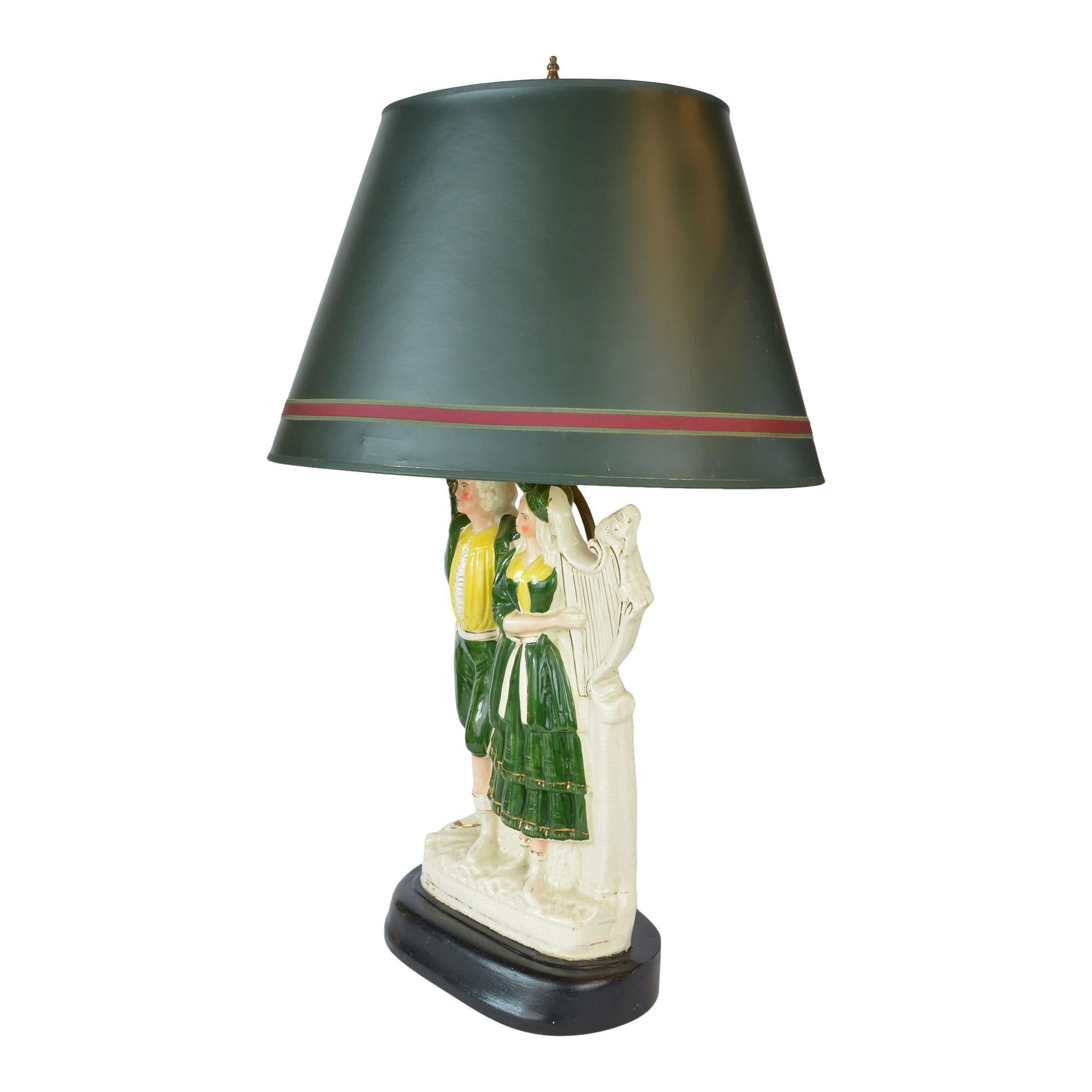 English Large Antique Staffordshire Figural Lamp Couple Green Shade For Sale