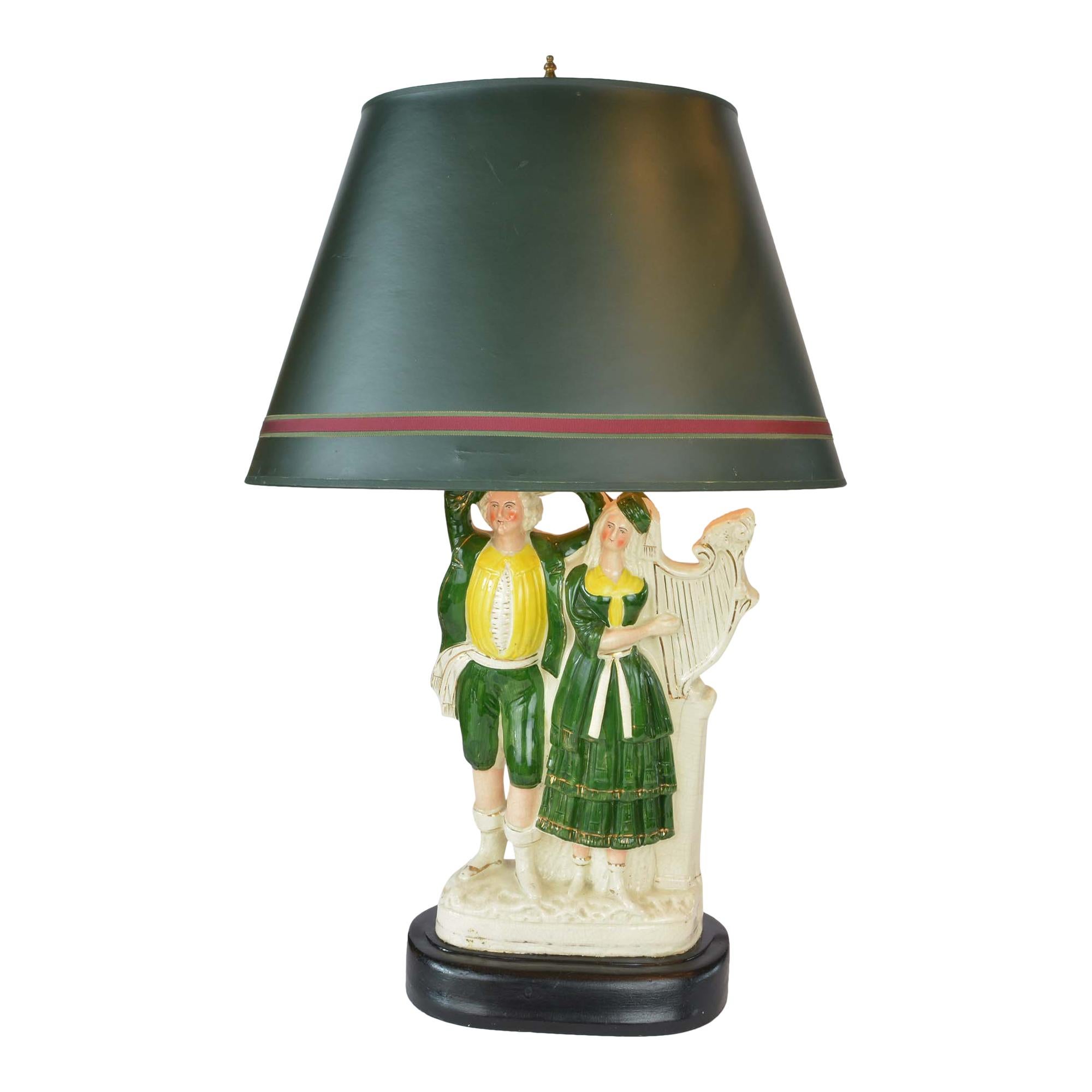 Glazed Large Antique Staffordshire Figural Lamp Couple Green Shade For Sale