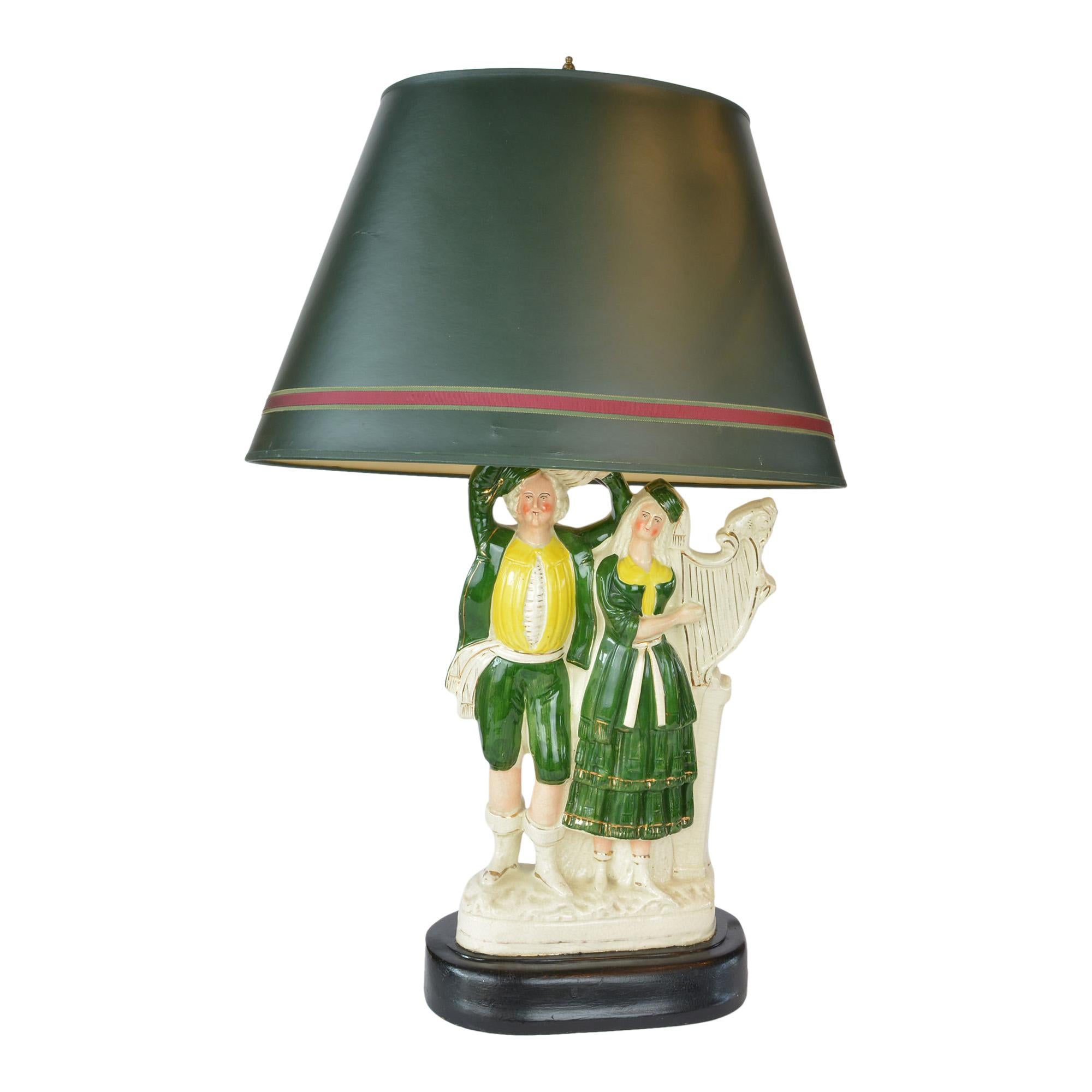 Large Antique Staffordshire Figural Lamp Couple Green Shade For Sale