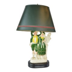 Large Antique Staffordshire Figural Lamp Couple Green Shade