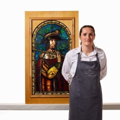 Large Antique Stained Glass Arched Panel of King Francois I