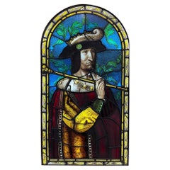 Large Antique Stained Glass Arched Panel of King Francois I