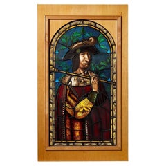 Large Antique Stained Glass Arched Panel of King Francois I