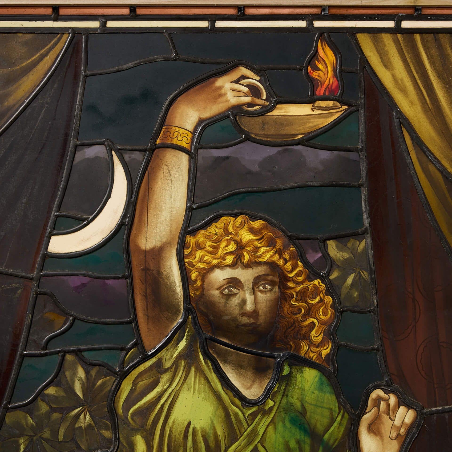 Victorian Large Antique Stained Glass Panel Depicting the Goodess Nyx For Sale