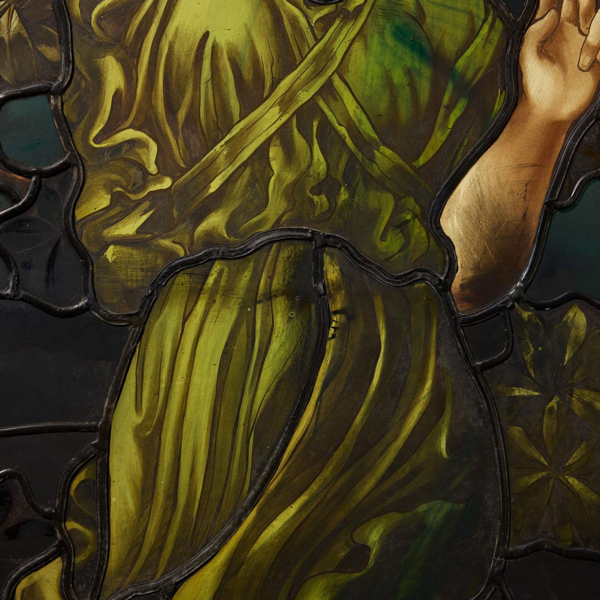 English Large Antique Stained Glass Panel Depicting the Goodess Nyx For Sale