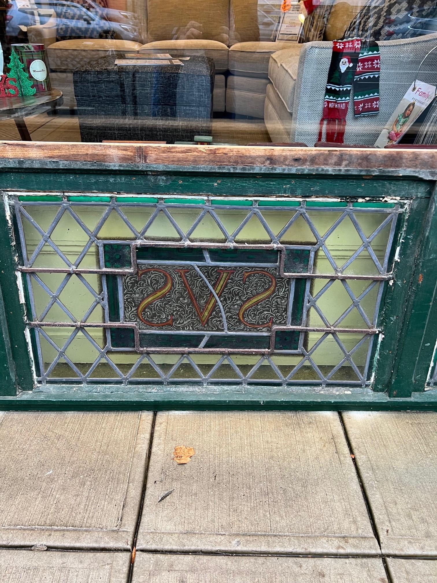 Large Antique Stained Glass Transom with SVS Center Belgium Wood Frame    For Sale 5