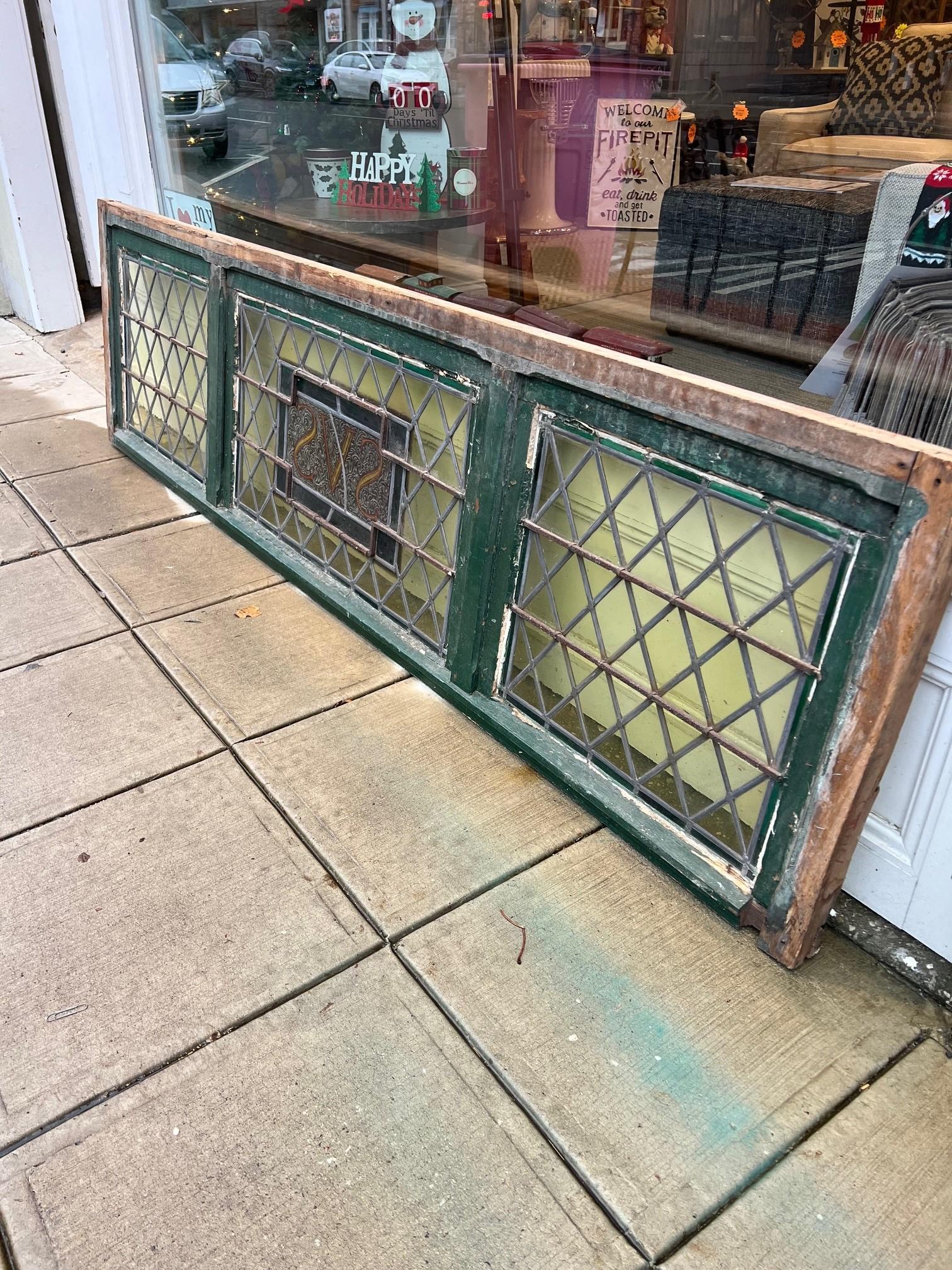 Large Antique Stained Glass Transom with SVS Center Belgium Wood Frame    For Sale 7