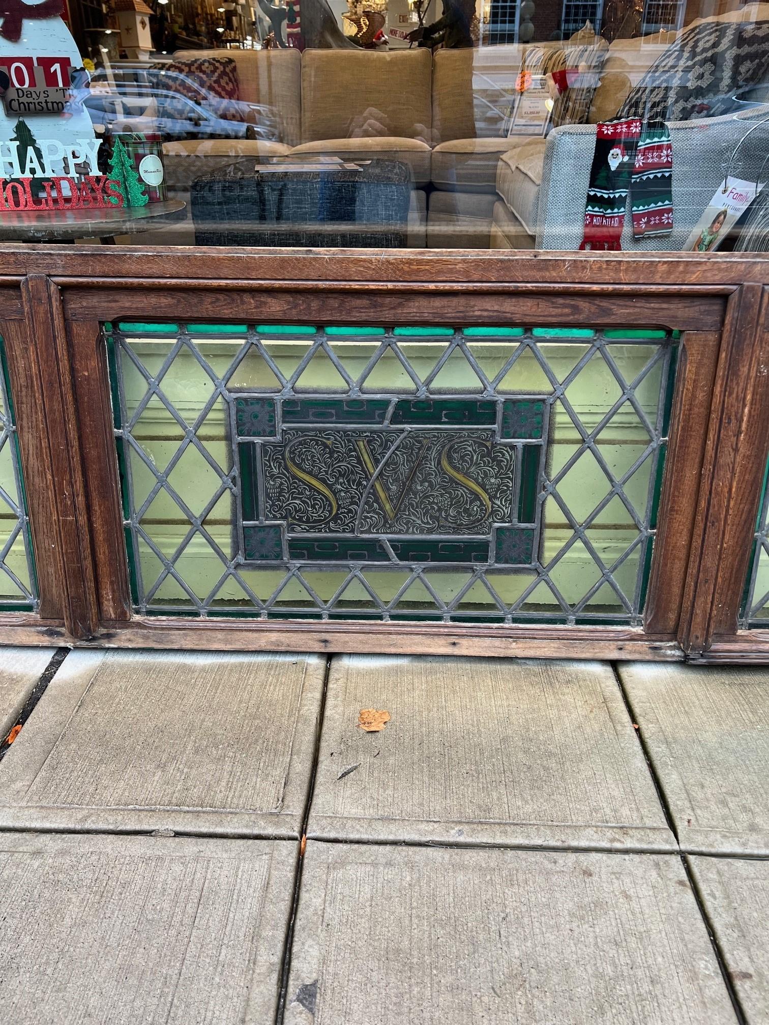 Belgian Large Antique Stained Glass Transom with SVS Center Belgium Wood Frame    For Sale