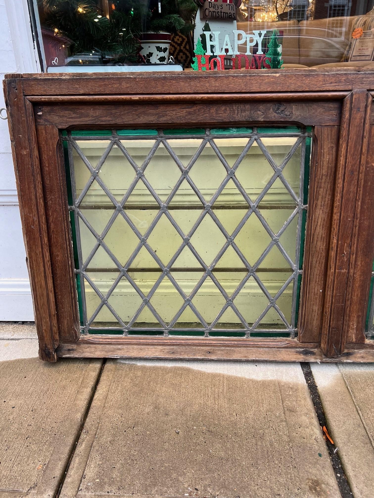 Large Antique Stained Glass Transom with SVS Center Belgium Wood Frame    In Good Condition For Sale In Stamford, CT