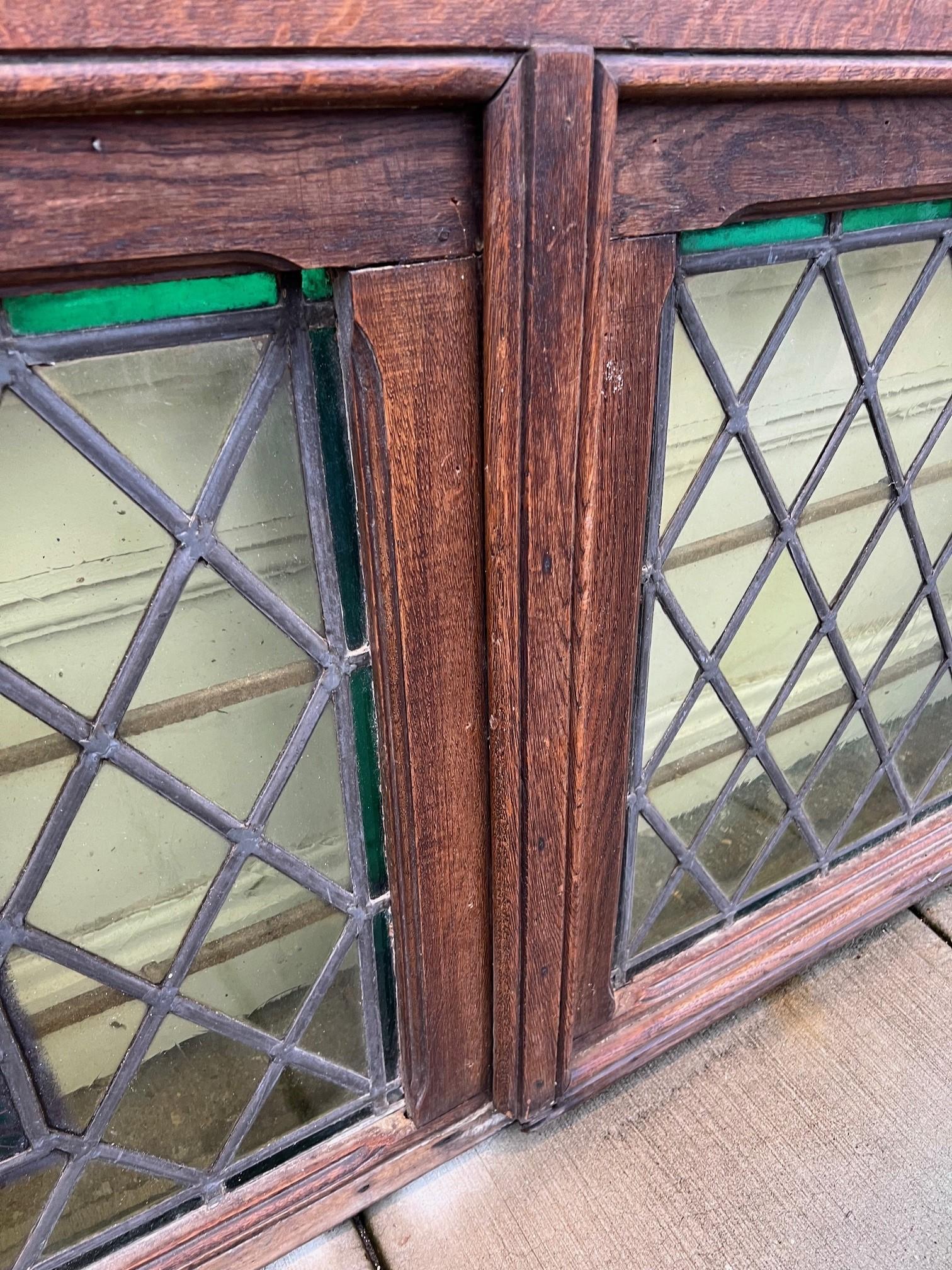 20th Century Large Antique Stained Glass Transom with SVS Center Belgium Wood Frame    For Sale