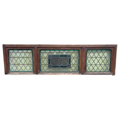 Large Antique Stained Glass Transom with SVS Center Belgium Wood Frame