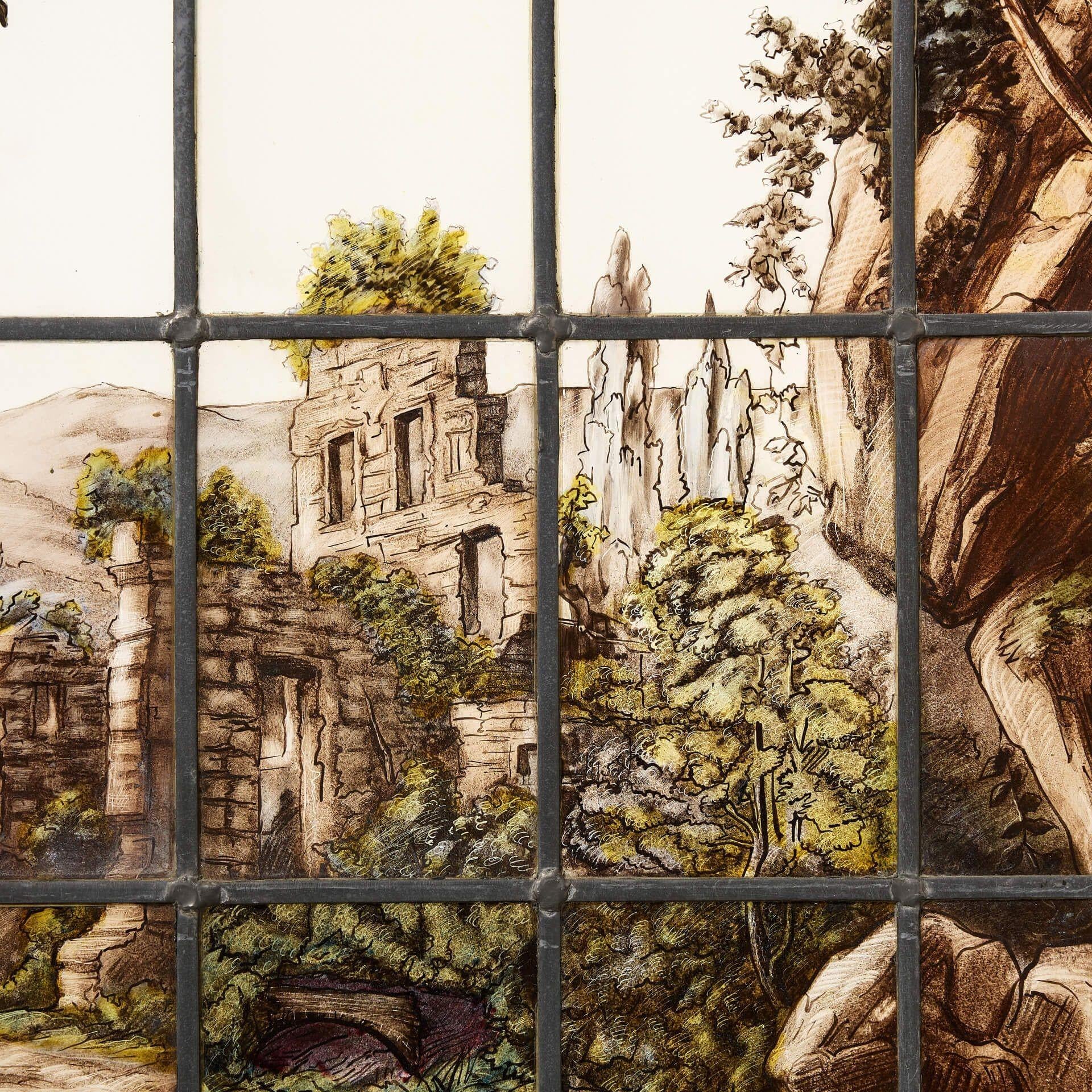 Neoclassico Grande vetrata antica raffigurante rovine neoclassiche in vendita