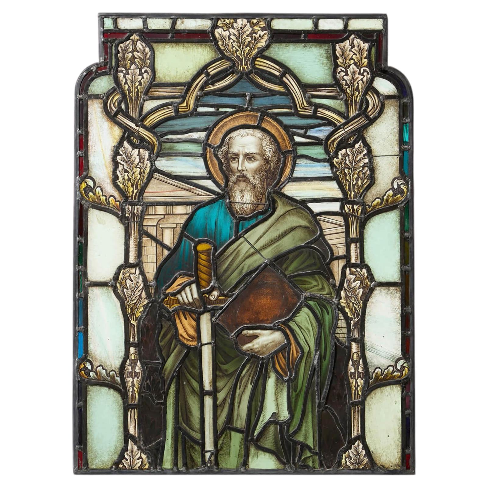 Large Antique Stained Glass Window Depicting St. Paul For Sale