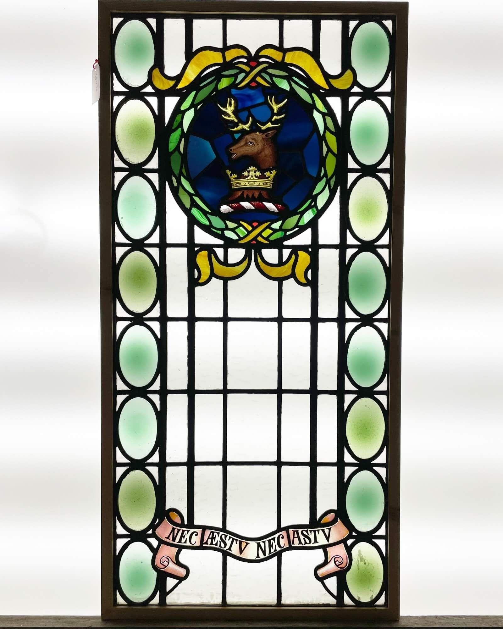Victorian Large Antique Stained Glass Window with Stag Crest For Sale