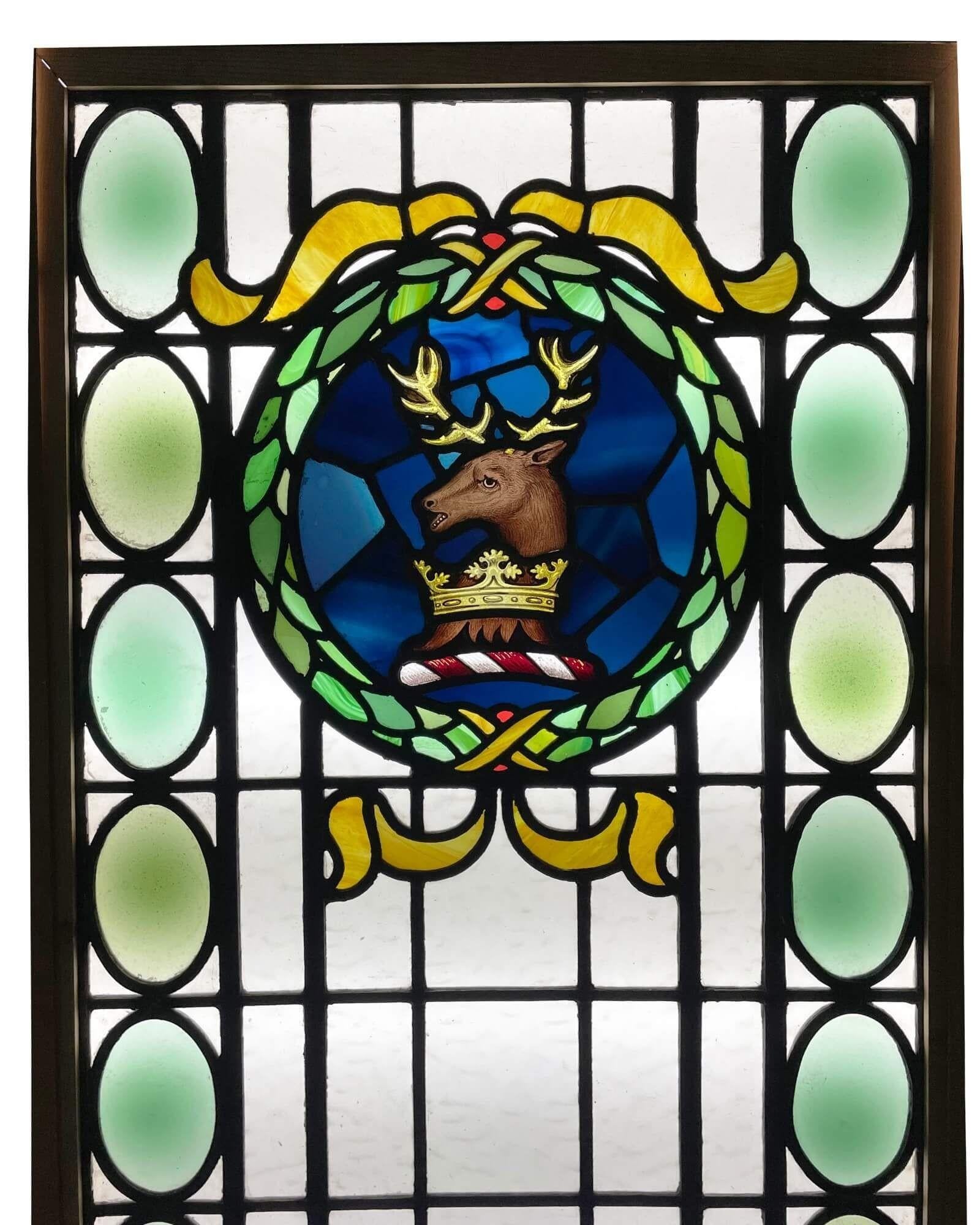 English Large Antique Stained Glass Window with Stag Crest For Sale
