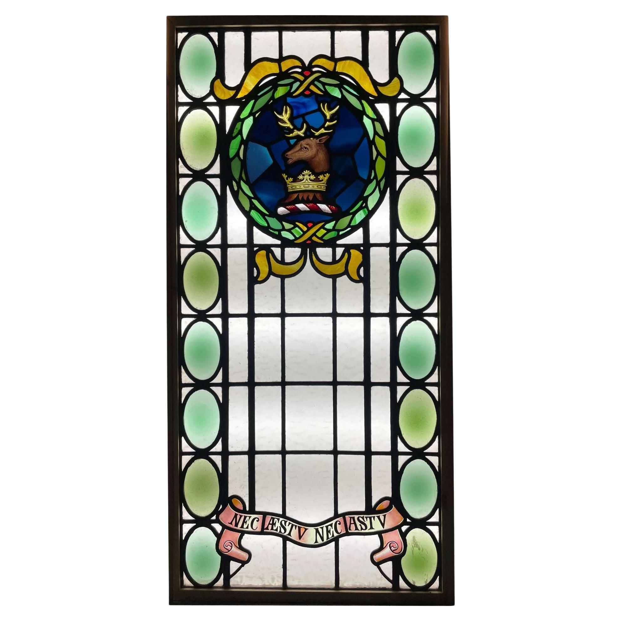 Large Antique Stained Glass Window with Stag Crest For Sale