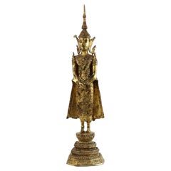 Large Antique Standing Bronze Buddha 24 Carat Gold Rattanakosin 63cm